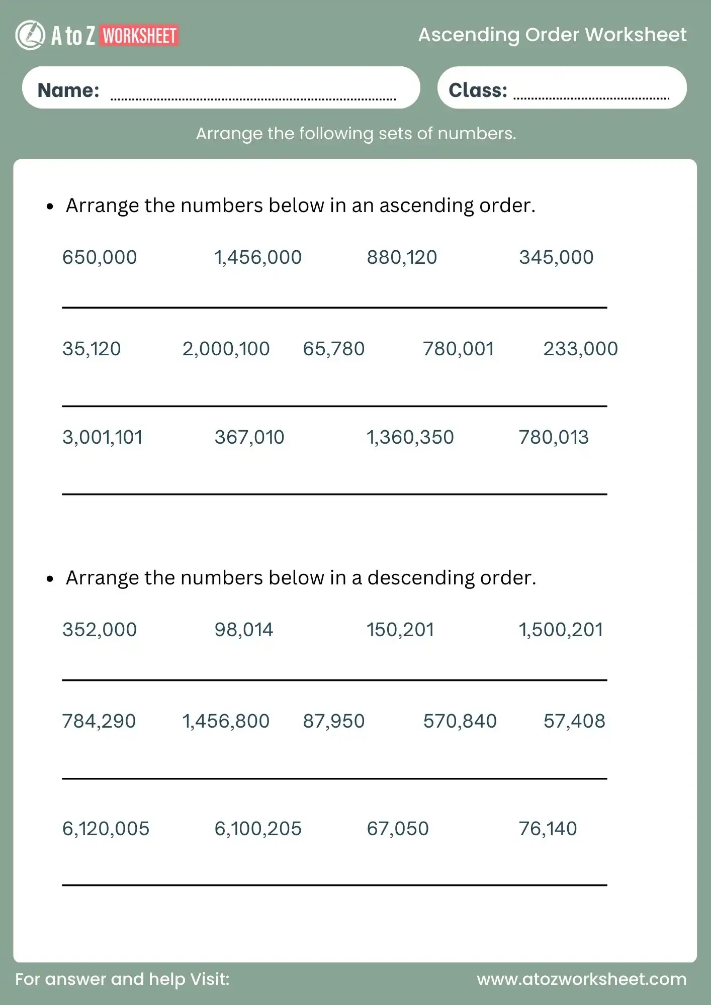 ascending order worksheet for class 2 large numbers practice