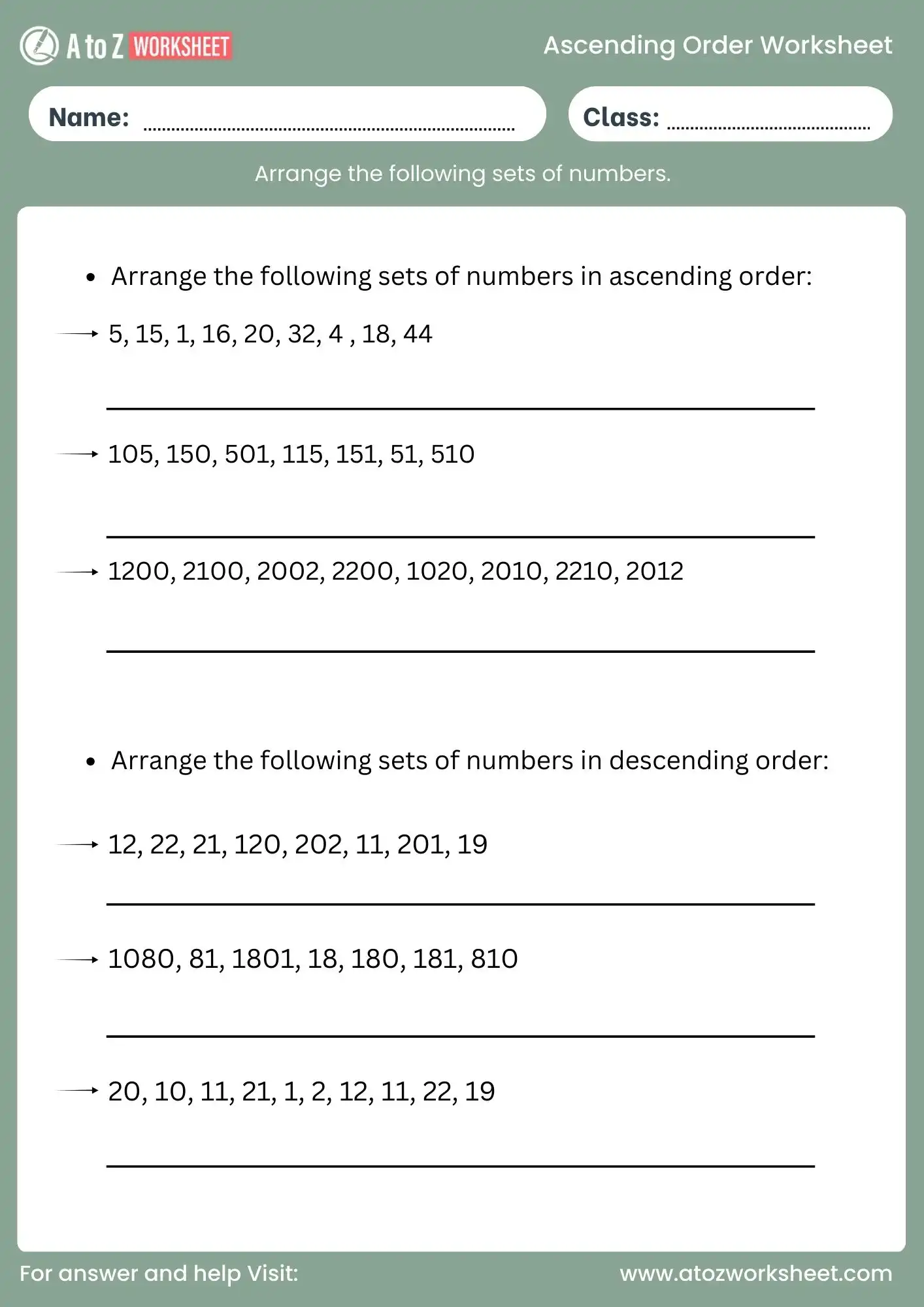 ascending order worksheet for class 2 medium numbers
