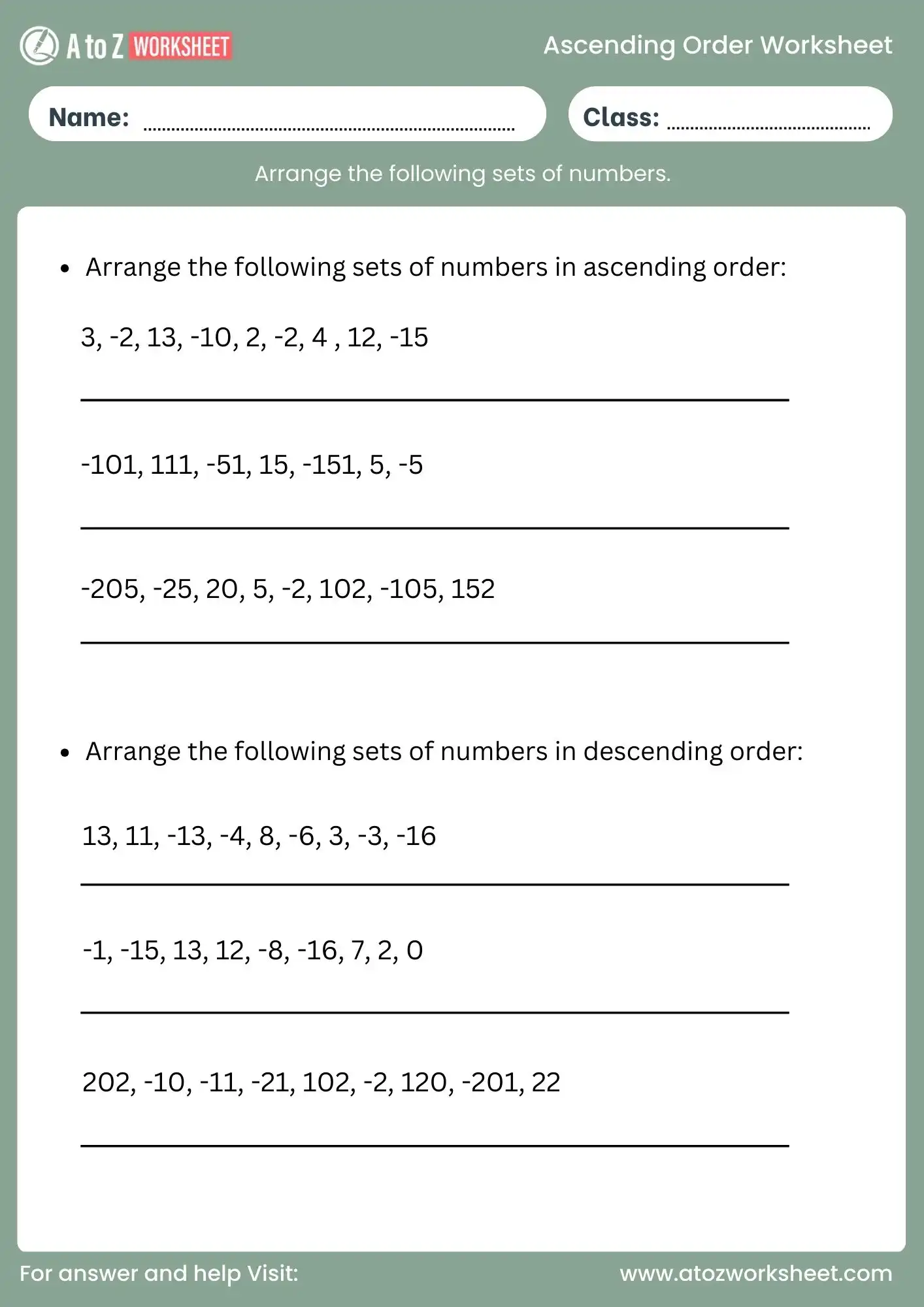 ascending order worksheet for class 2 negative and positive numbers