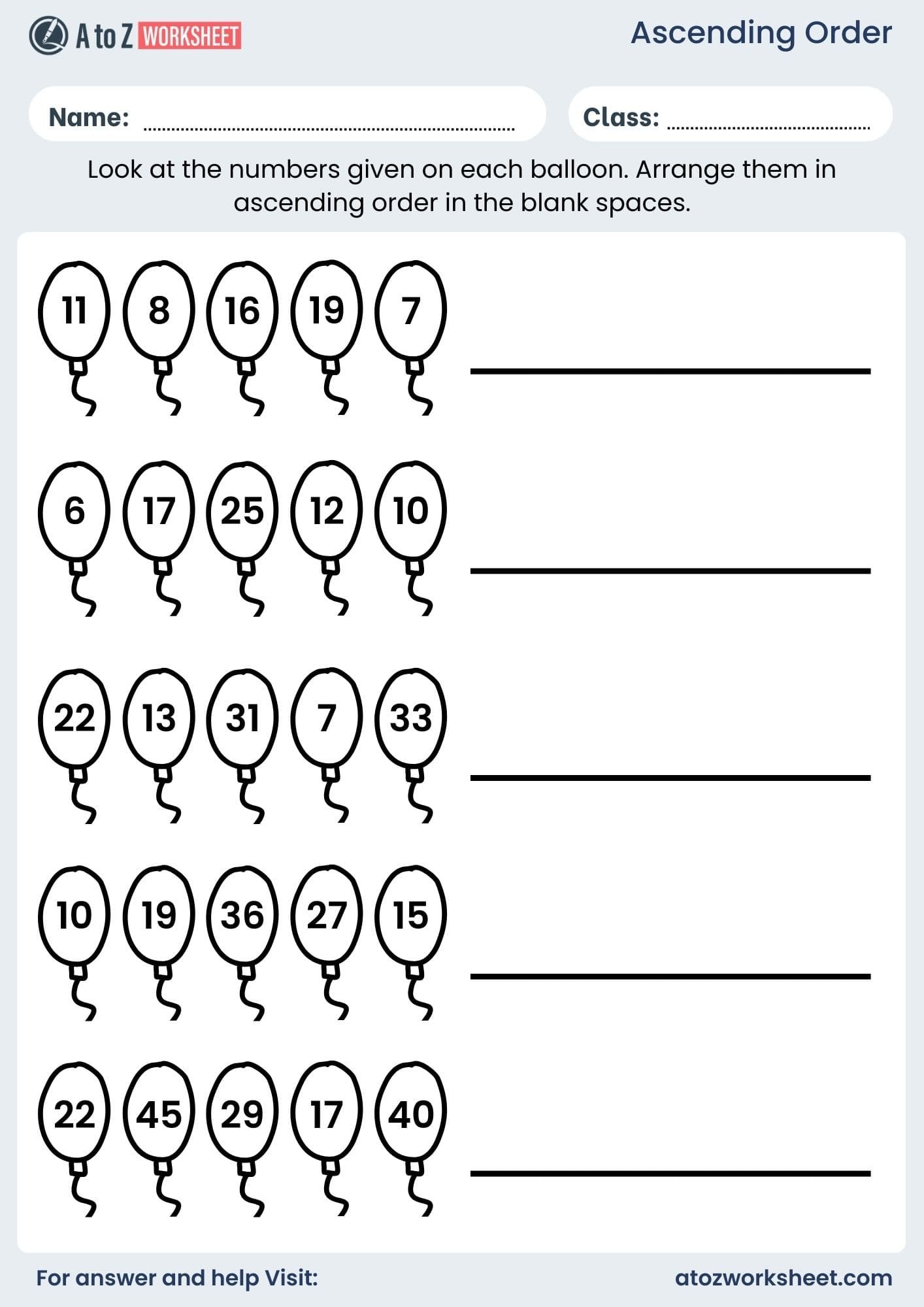ascending order worksheet for ukg