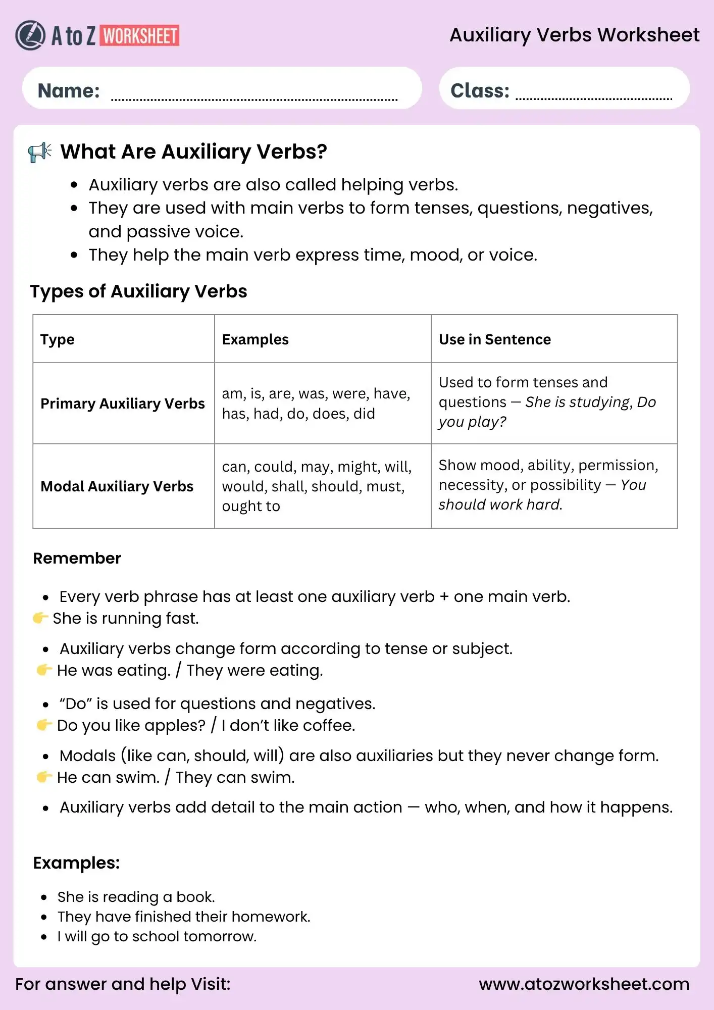 auxiliary verbs worksheets chart for grade 3 to 6