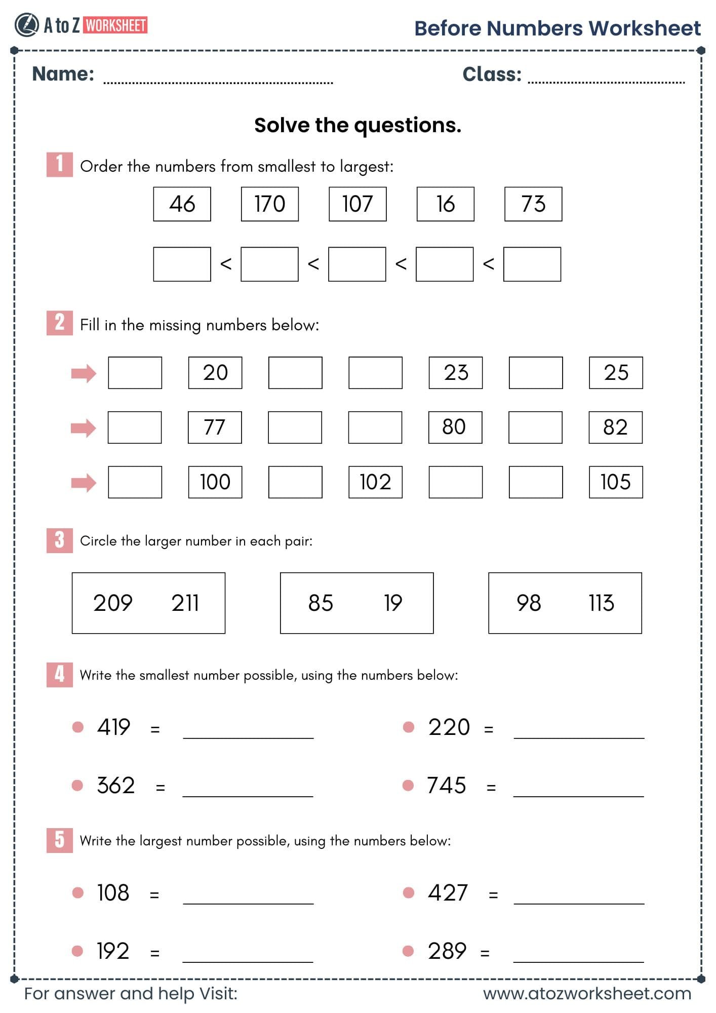 before number worksheet 1 to 100