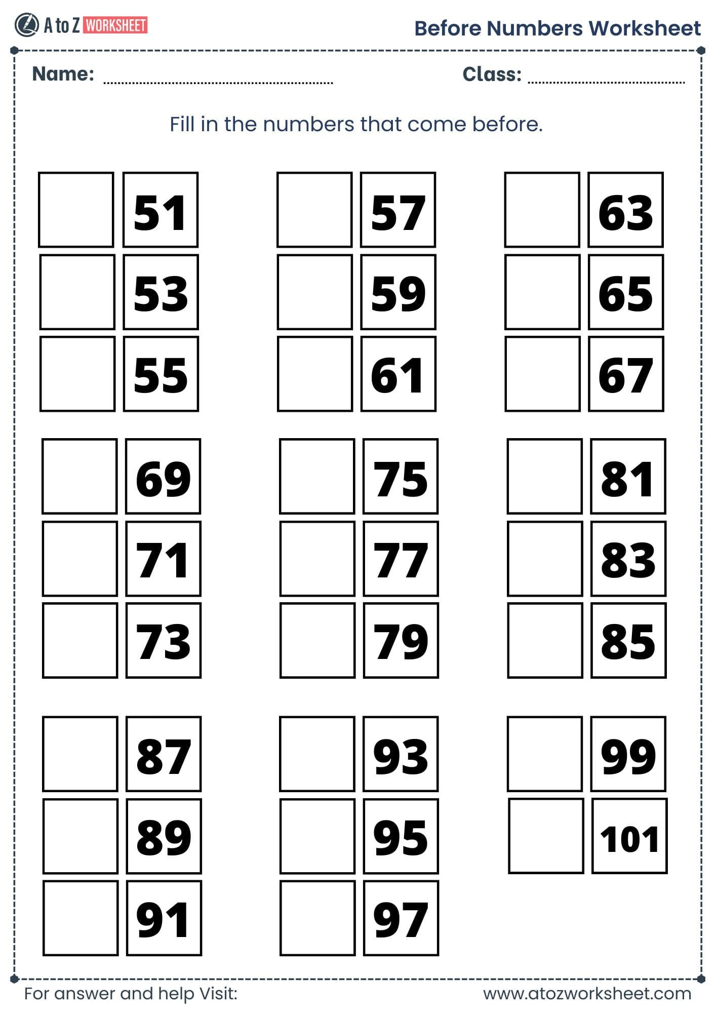 before number worksheet 1 to 100