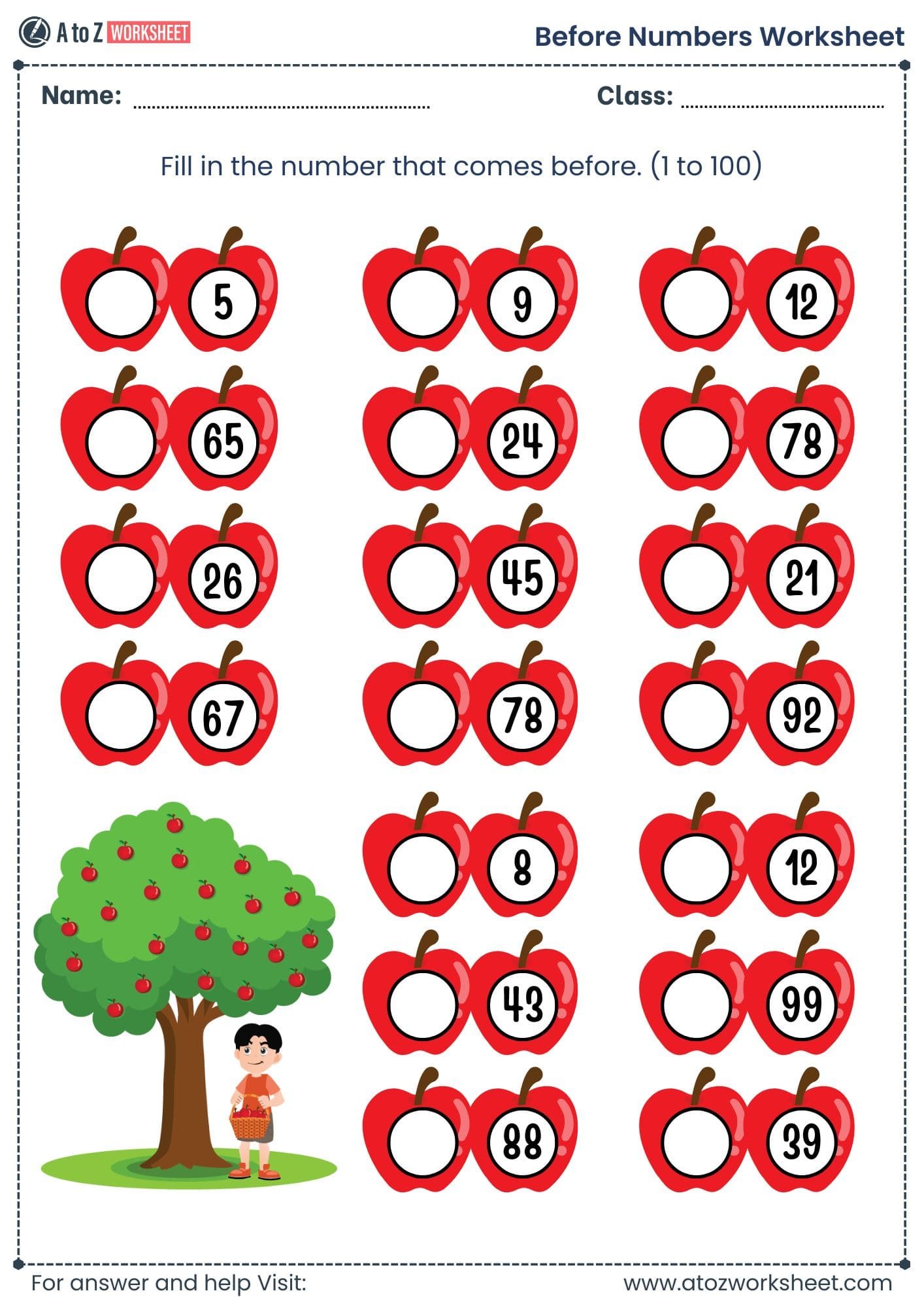 before number worksheet 1 to 100