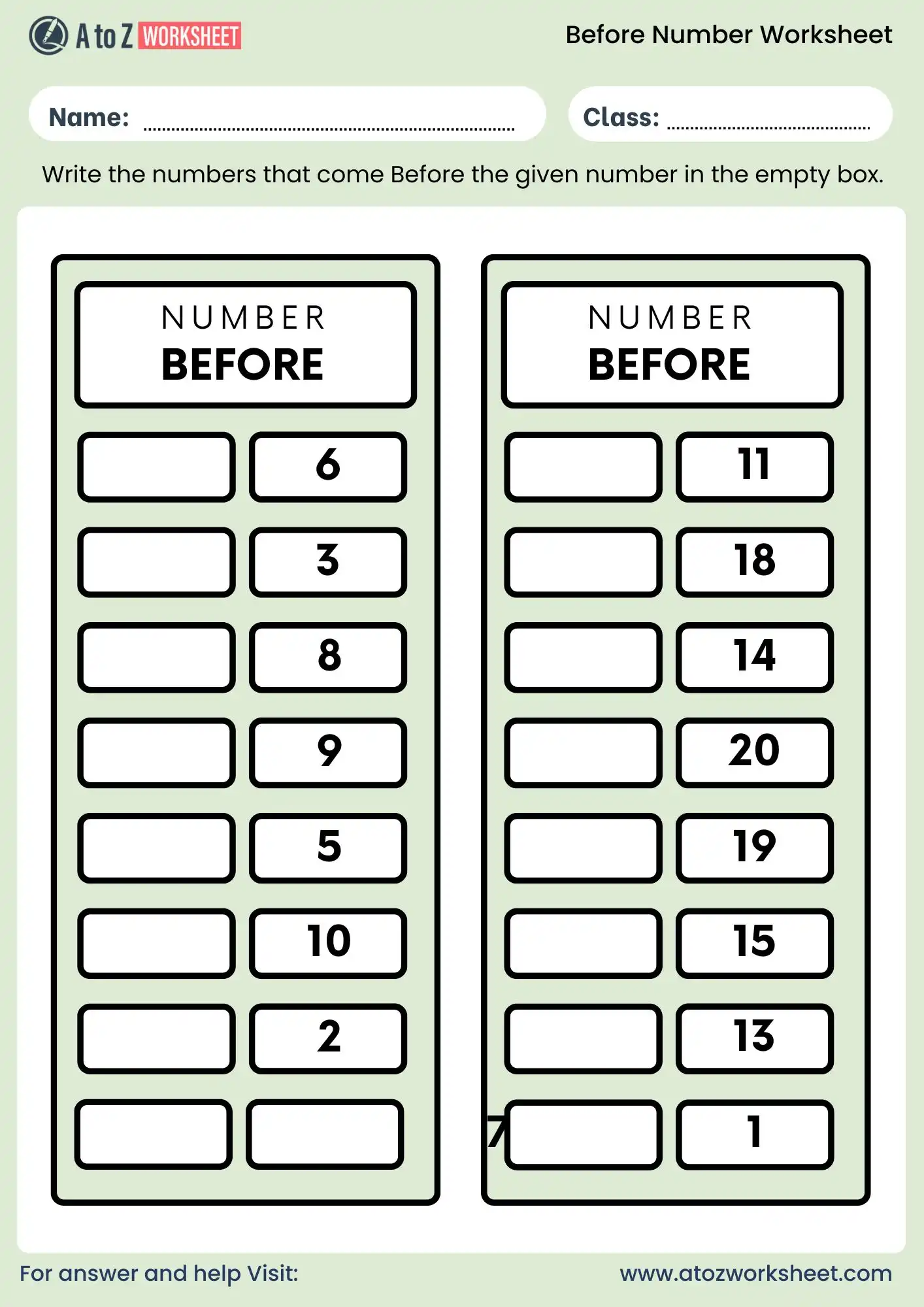 printable before numbers worksheet for kindergarten