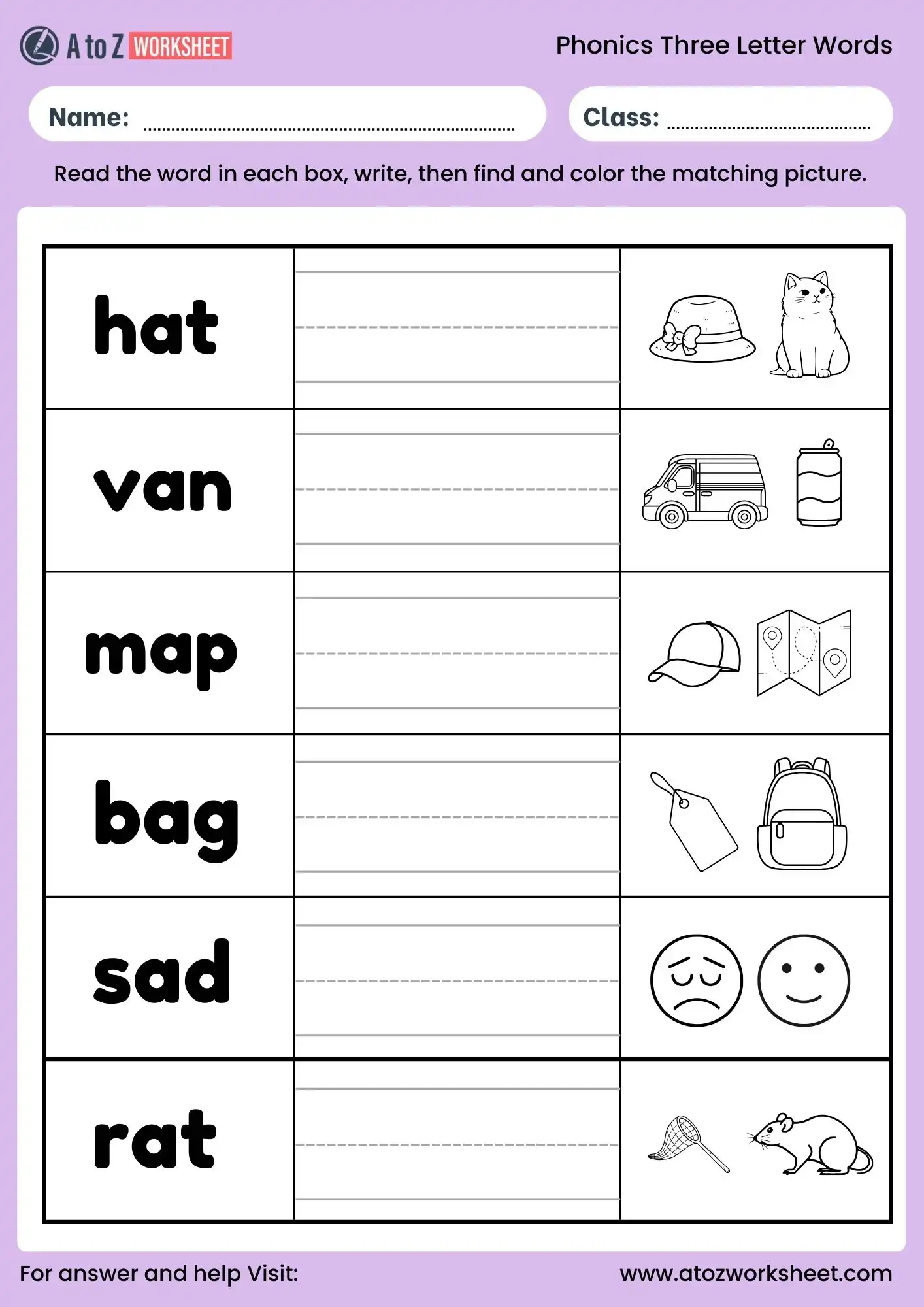 beginner phonics three letter words worksheets kindergarten matching activity