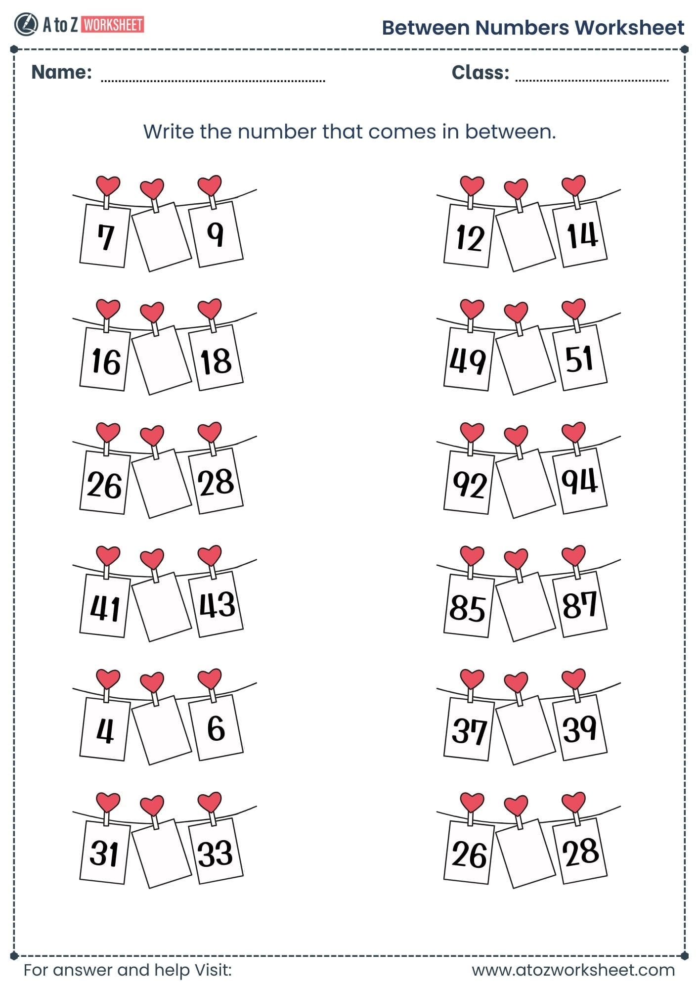 between numbers worksheet​​ grade 1 and grade 2 page 5 - Between Numbers Worksheet