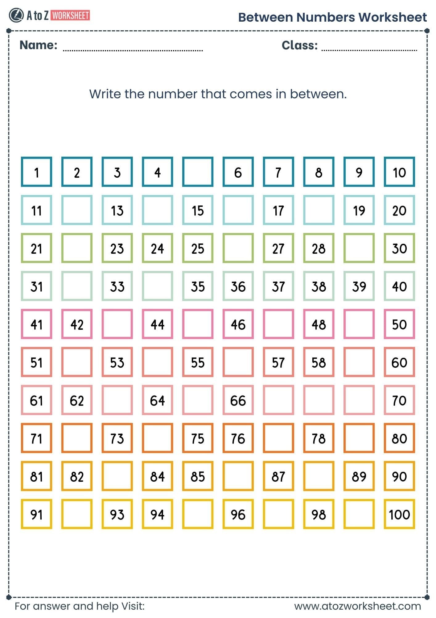 fill missing number 1 to 100 between numbers worksheet grade 3