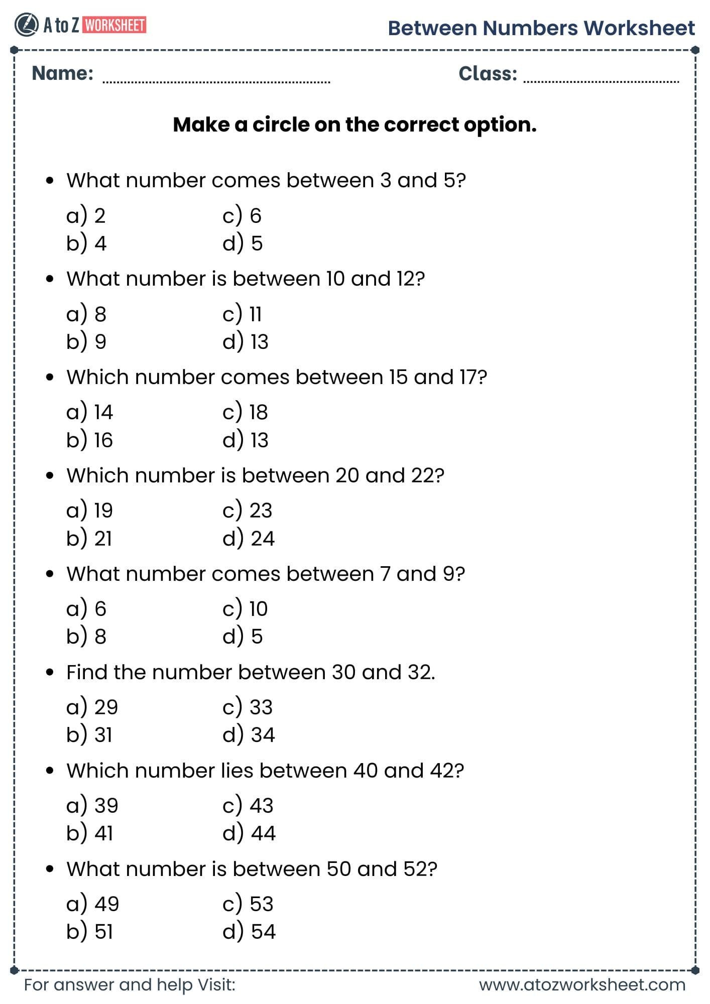 multiple choice between numbers worksheet grade 1