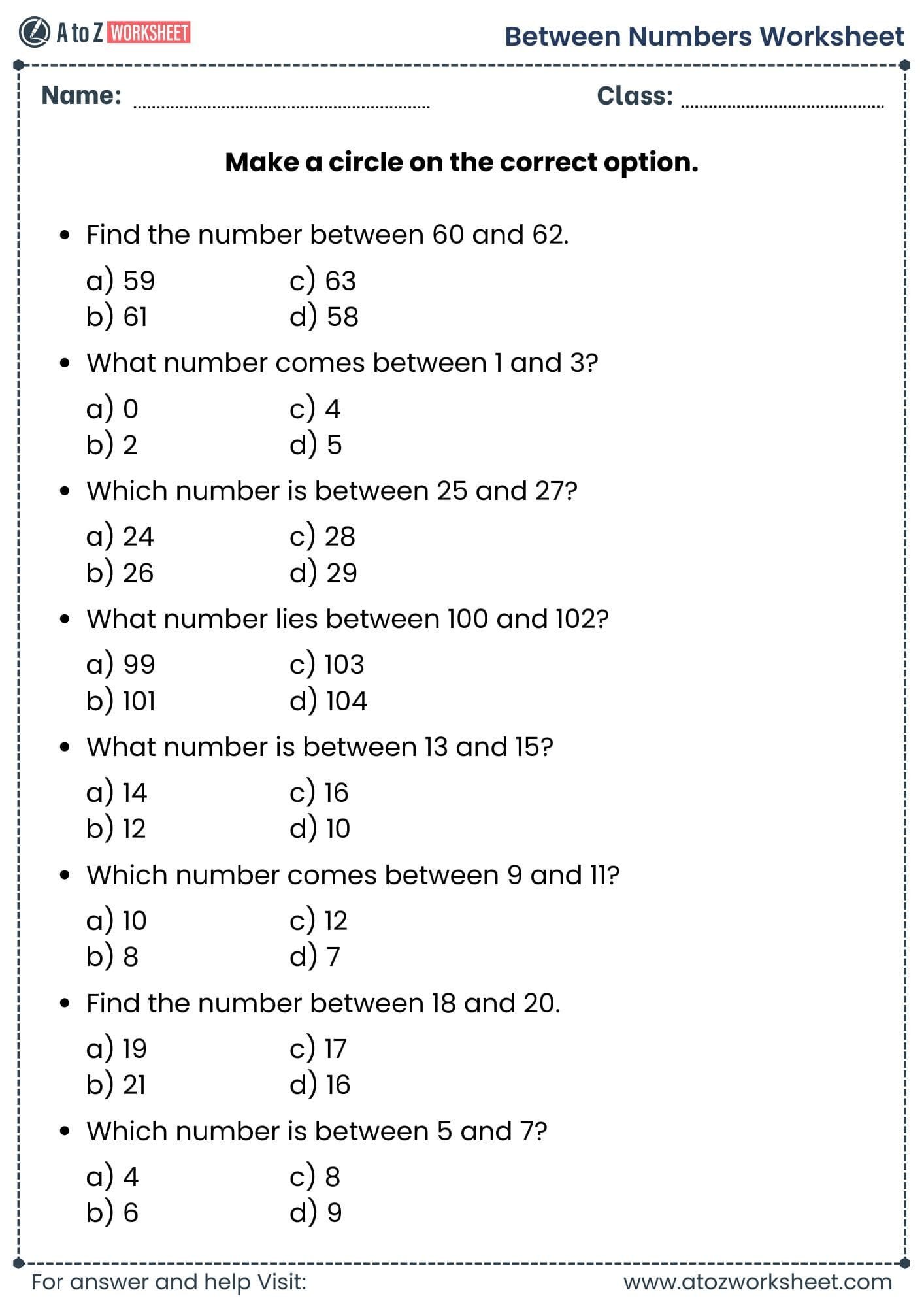 between numbers worksheet multiple choice activity pdf