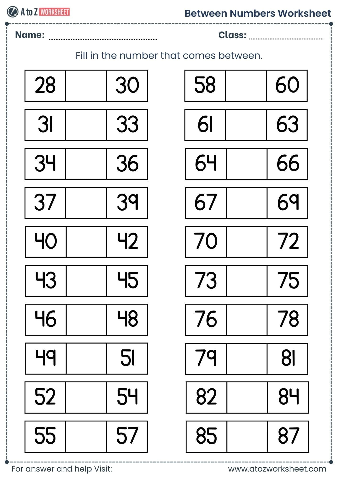 fill blank space 30 to 80 between numbers worksheet grade 2