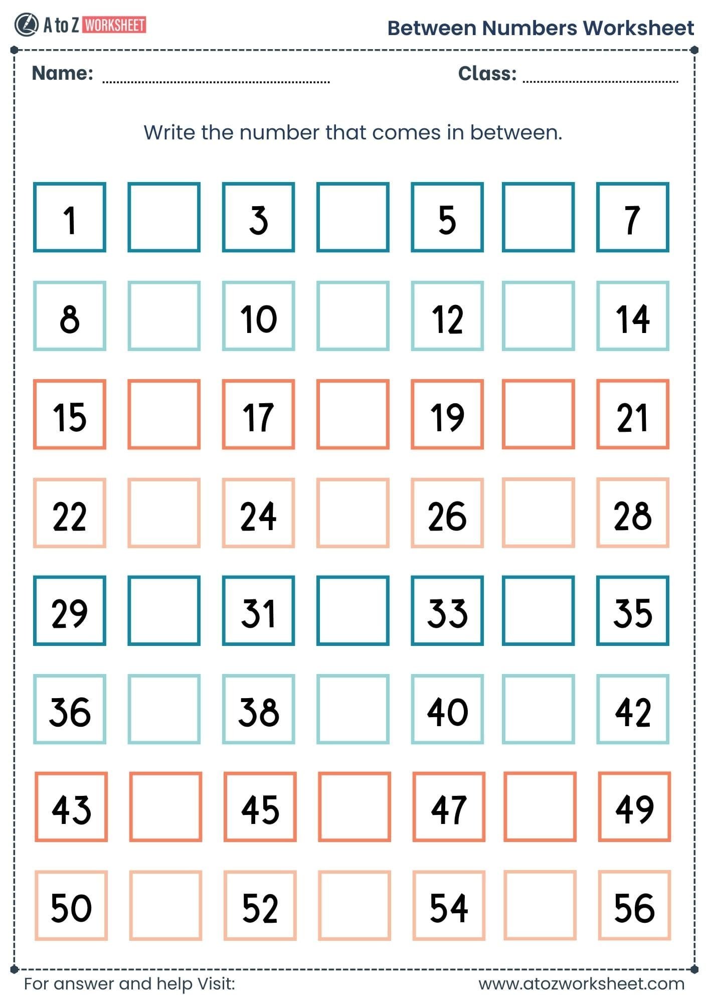 fill blank space 1 to 50 between numbers worksheet grade 1