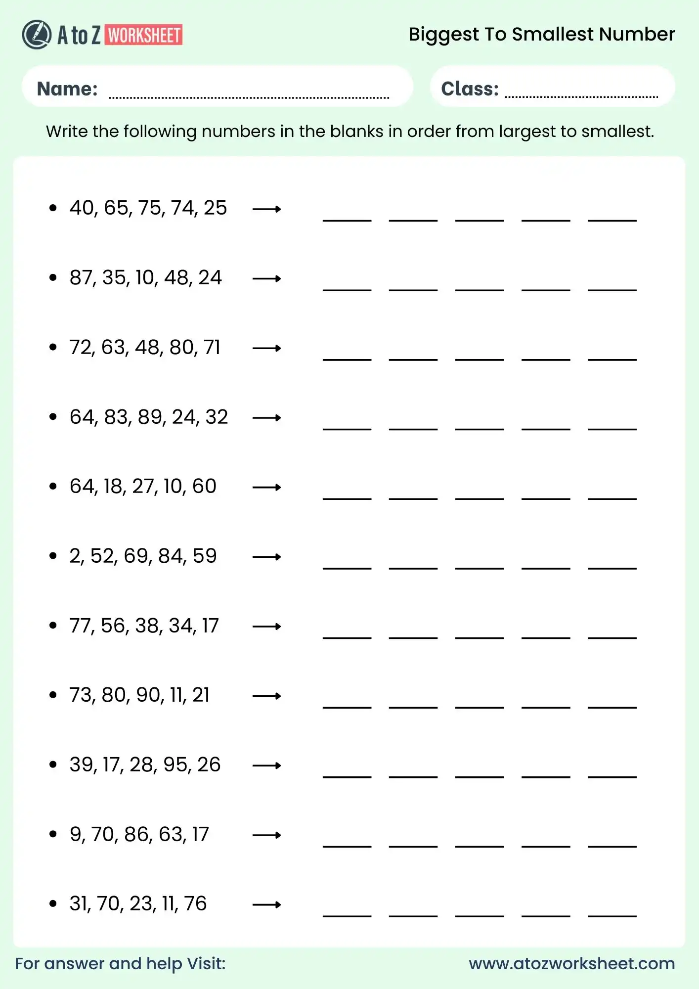biggest to smallest number worksheets pdf free for grade 3