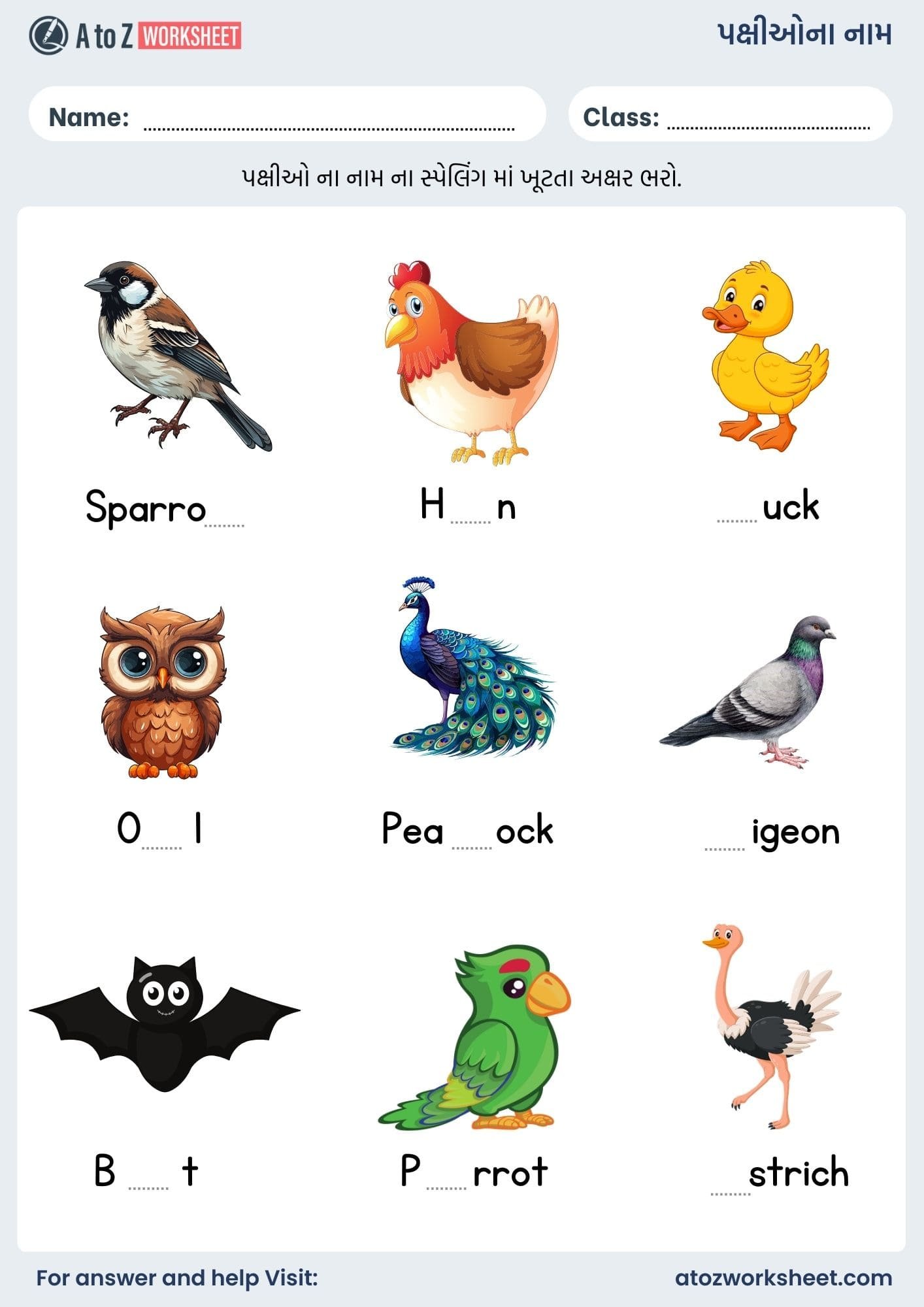 birds name in gujarati and worksheet for kids