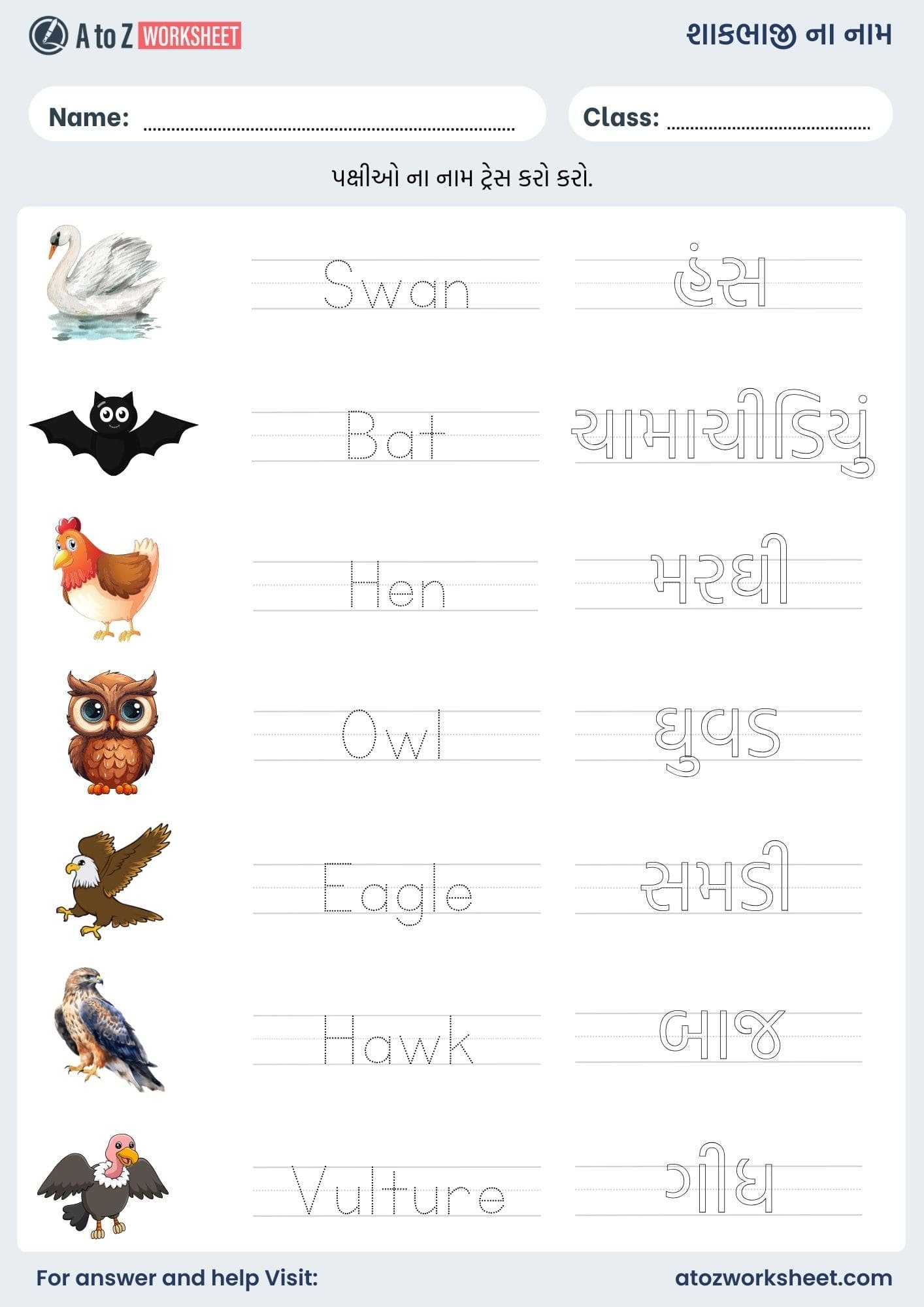 birds name in gujarati and worksheet for kids