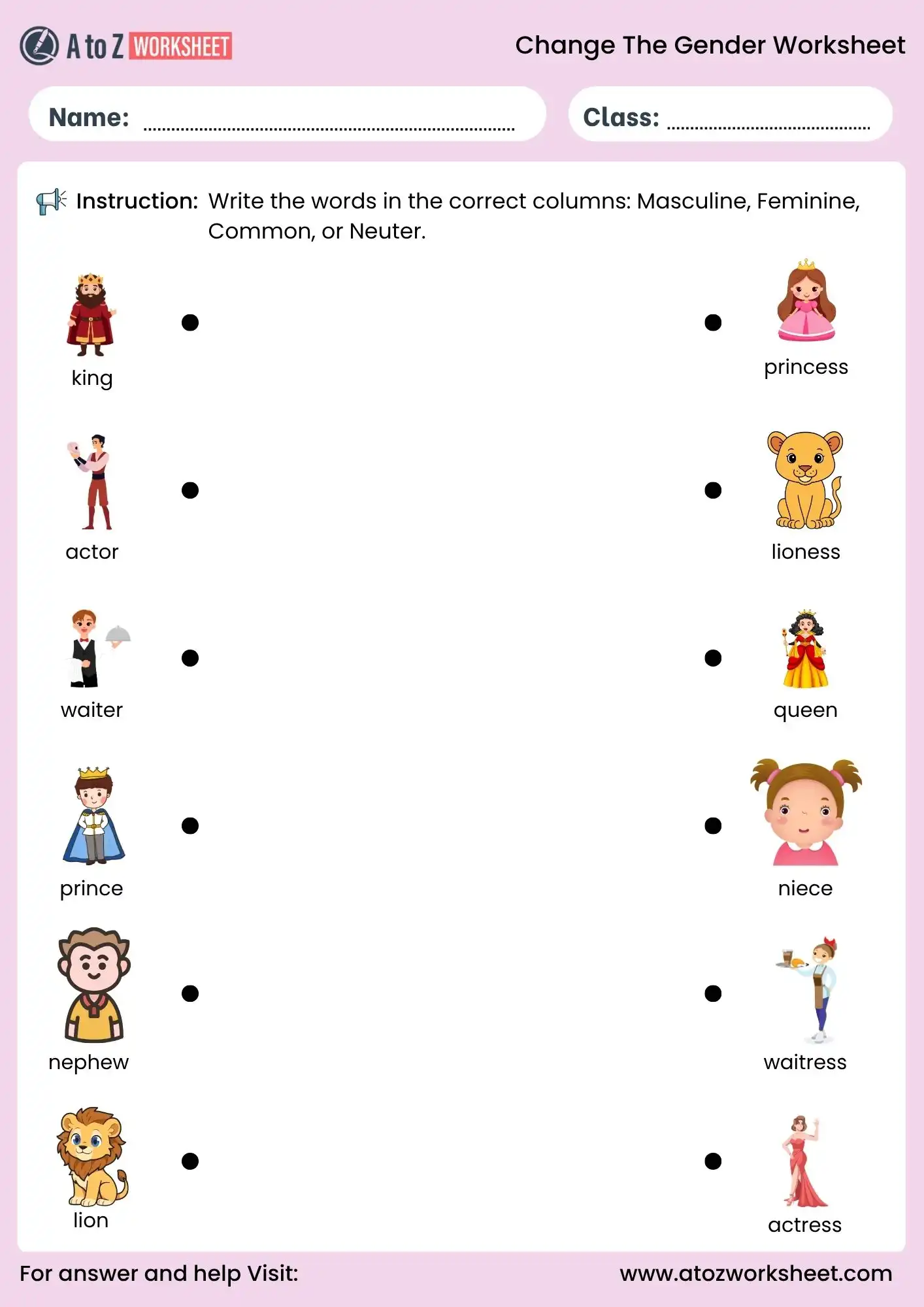 change the gender worksheets matching activity for kids