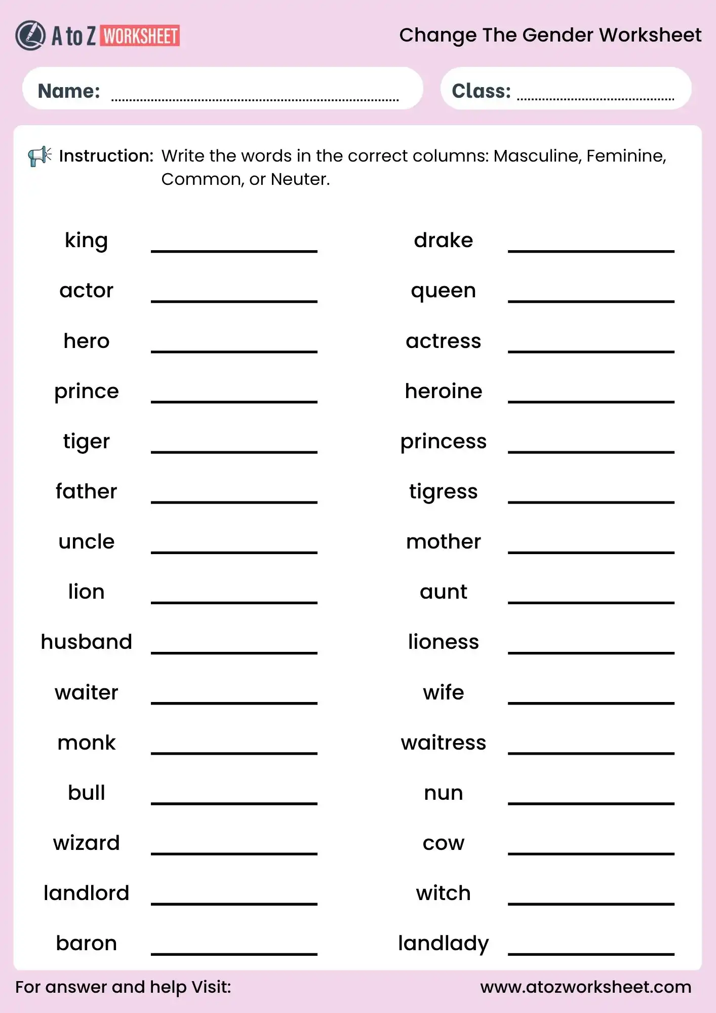 change the gender worksheets fill in the blanks grammar exercise