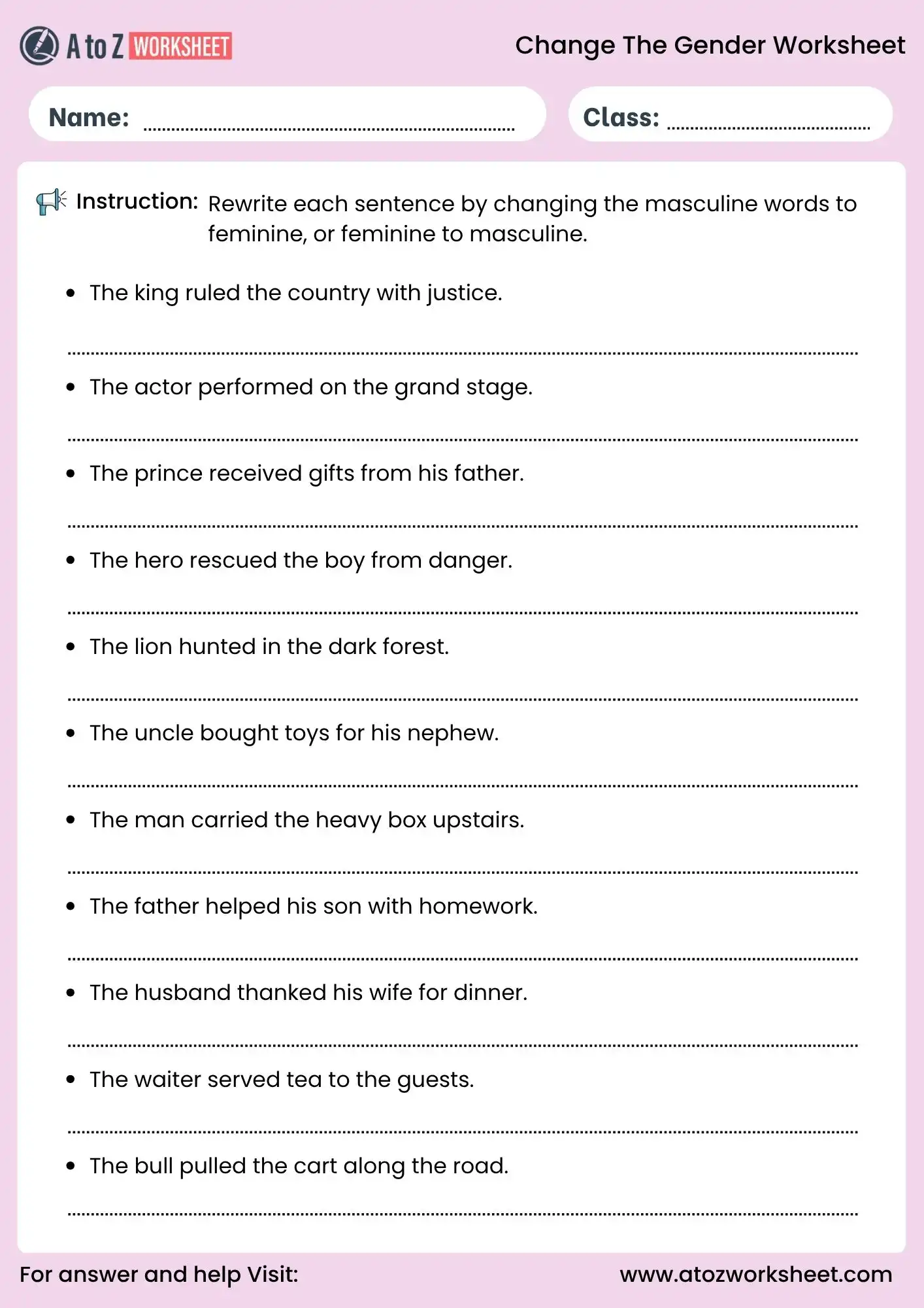 change the gender worksheets rewrite sentences grammar activity