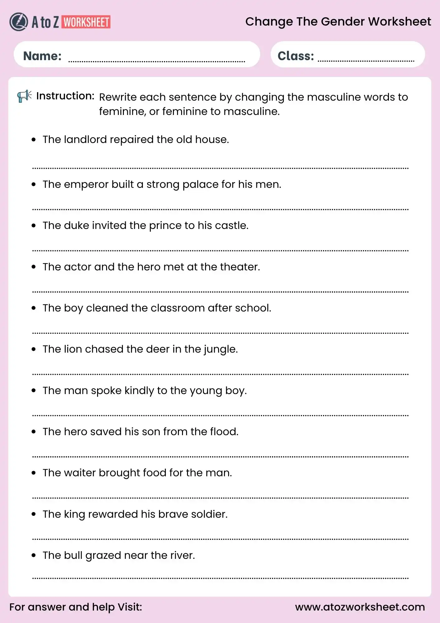 change the gender worksheets grammar writing practice