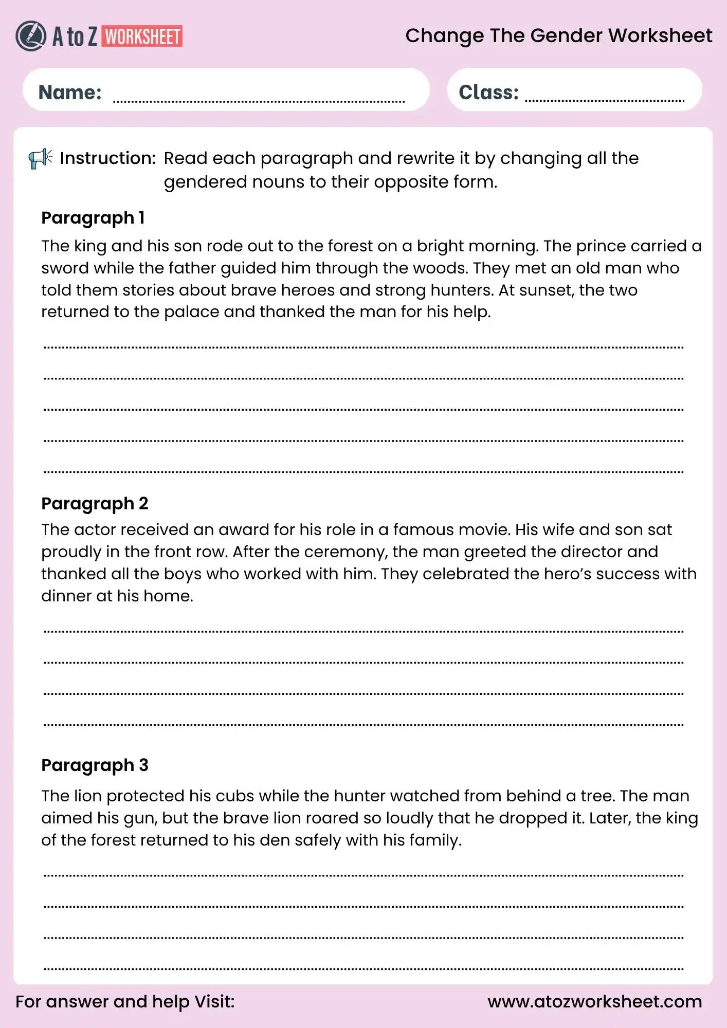 change the gender worksheets paragraph practice for kids