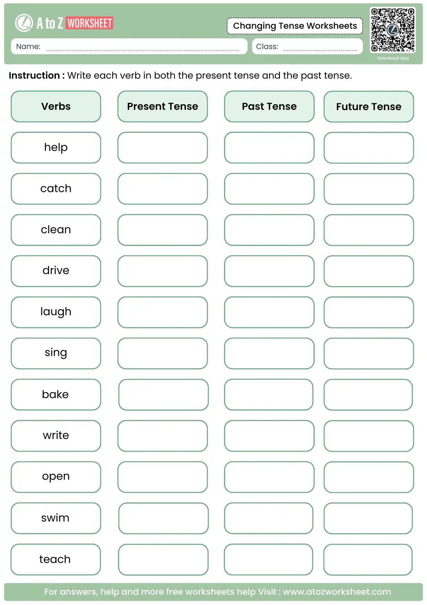 changing tense worksheets featuring a grid for writing present past and future verbs
