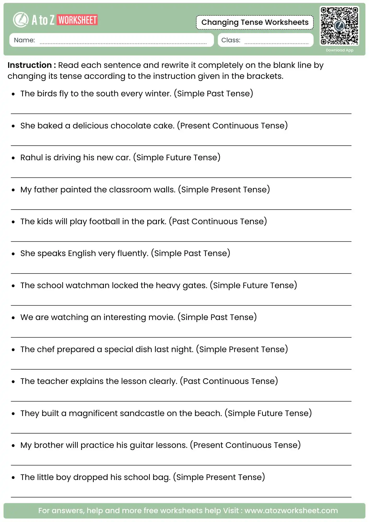 sentence rewriting changing tense worksheets with structural instructions in brackets
