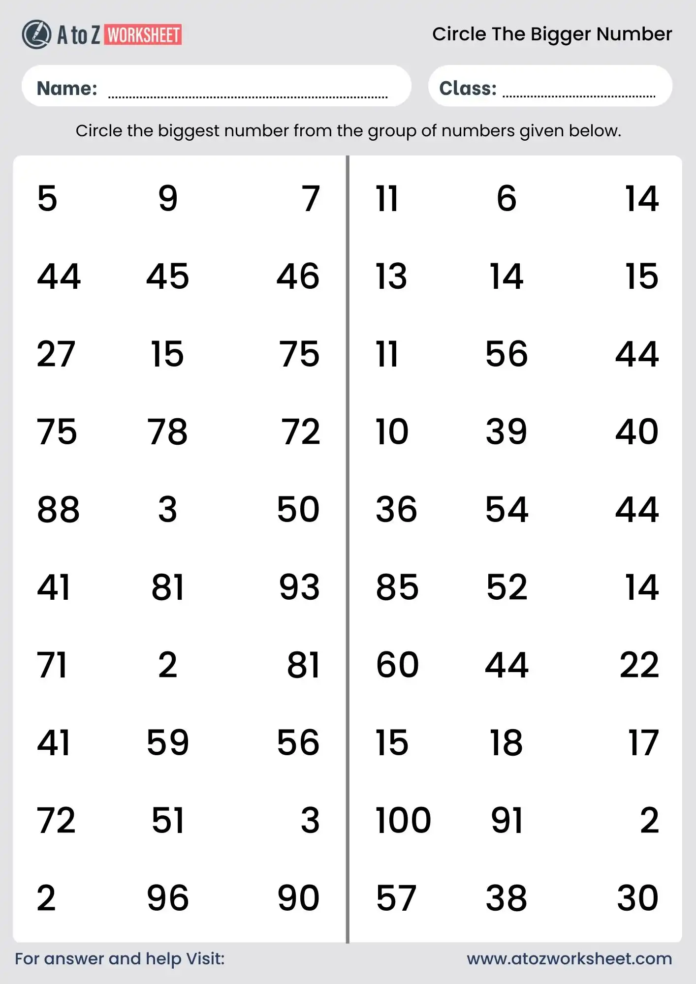 circle the bigger number worksheet class 4 math activity pdf
