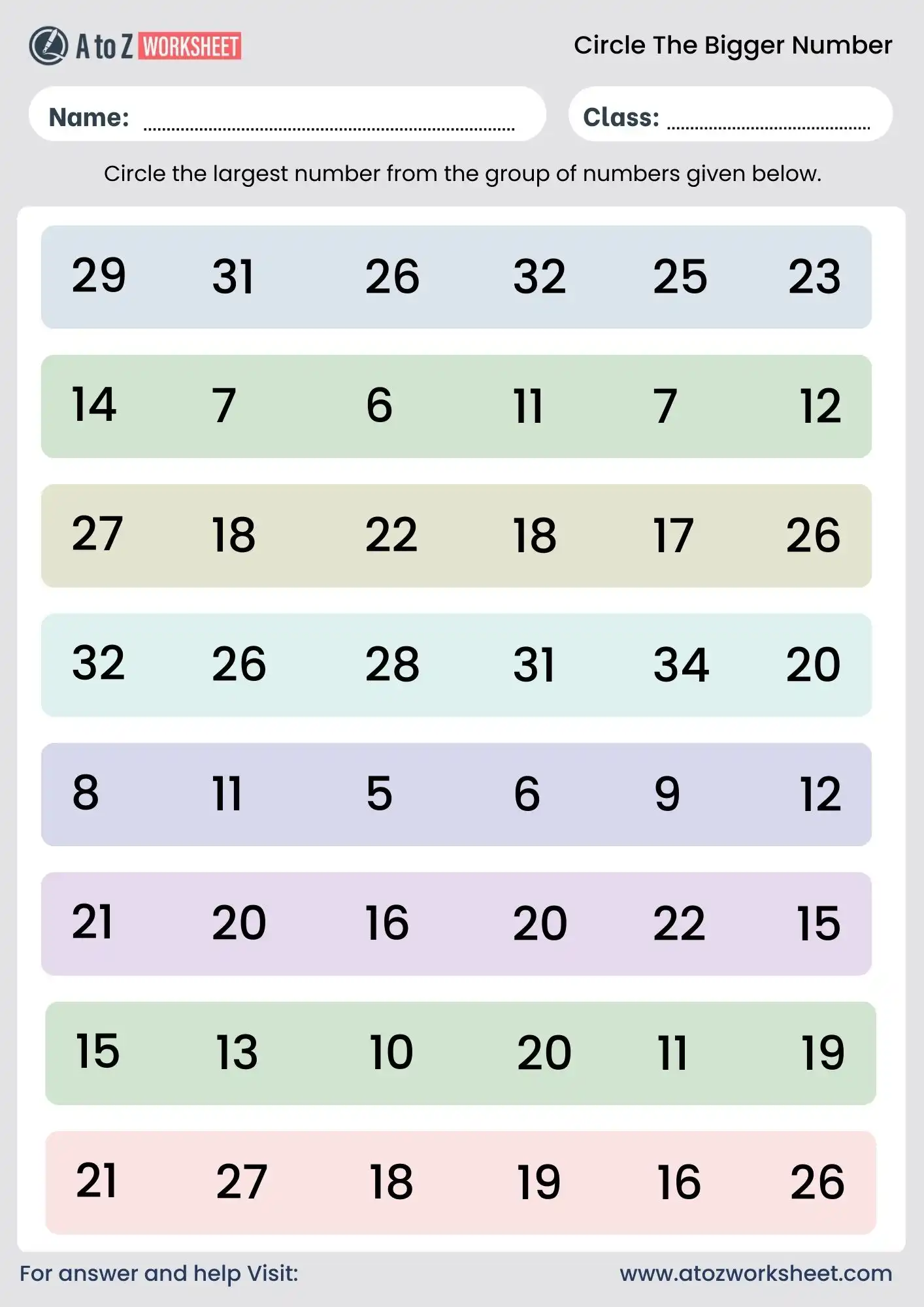 circle the bigger number worksheet class 2 practice pdf
