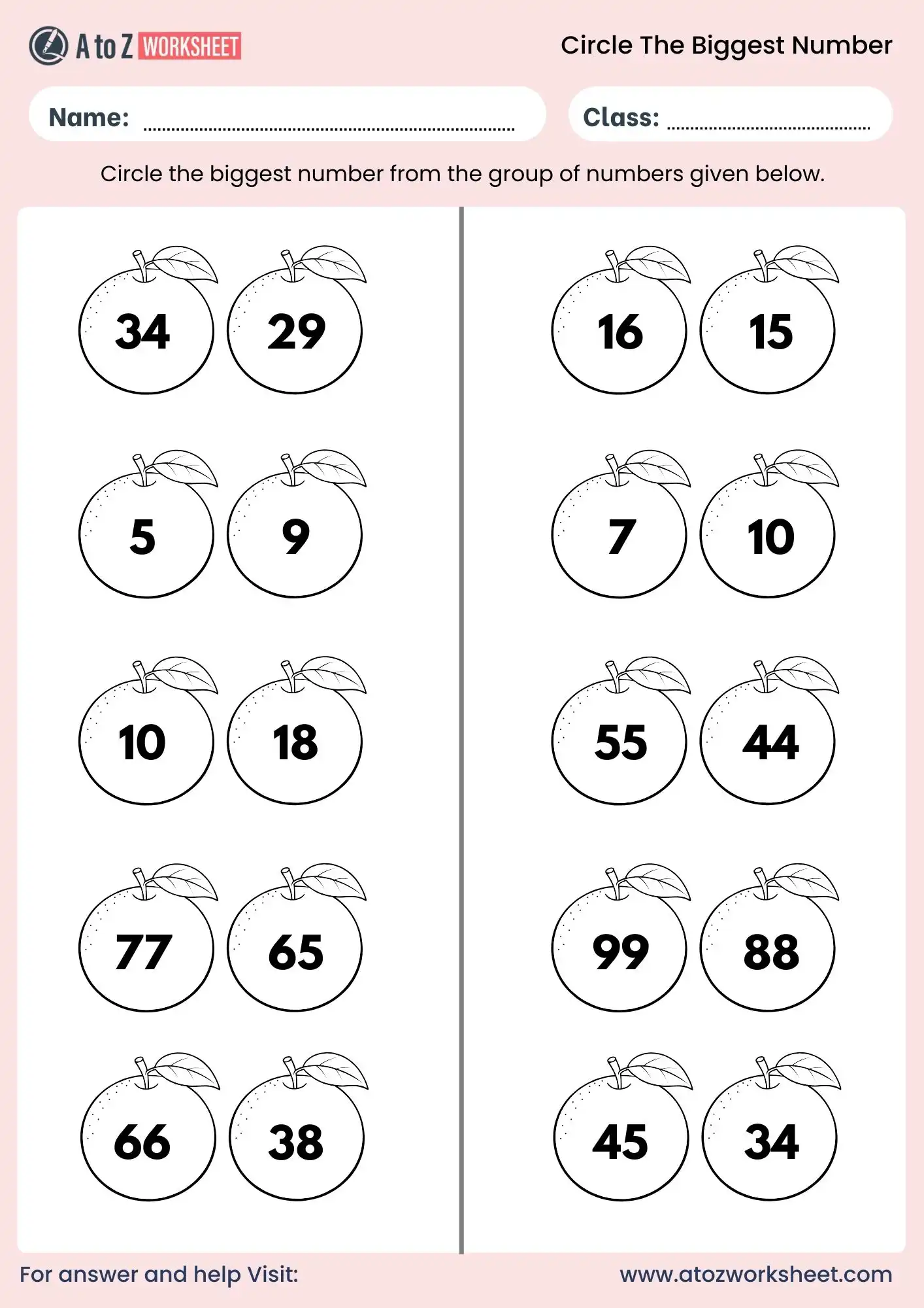 circle the biggest number worksheet with answers for class 1 and class 2