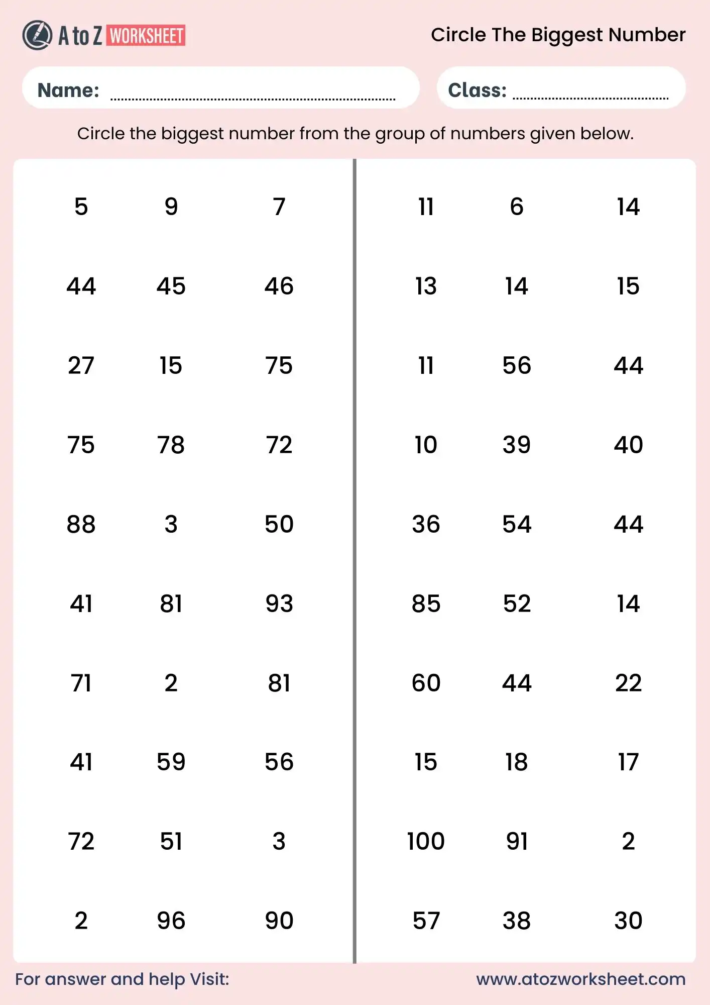 1 to 100 circle the biggest number worksheet with answers free pdf