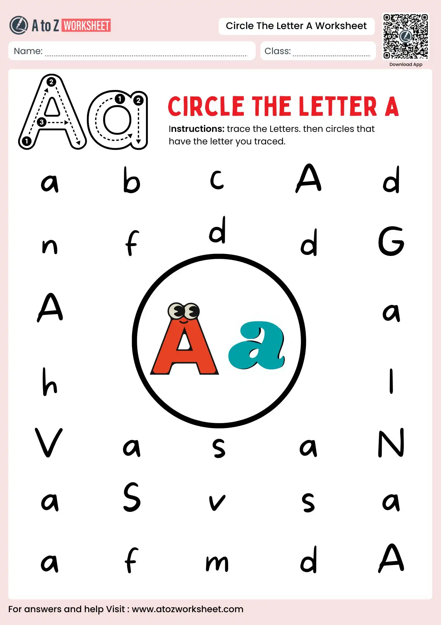 circle the letter a worksheets with colorful alphabet characters for pre-k