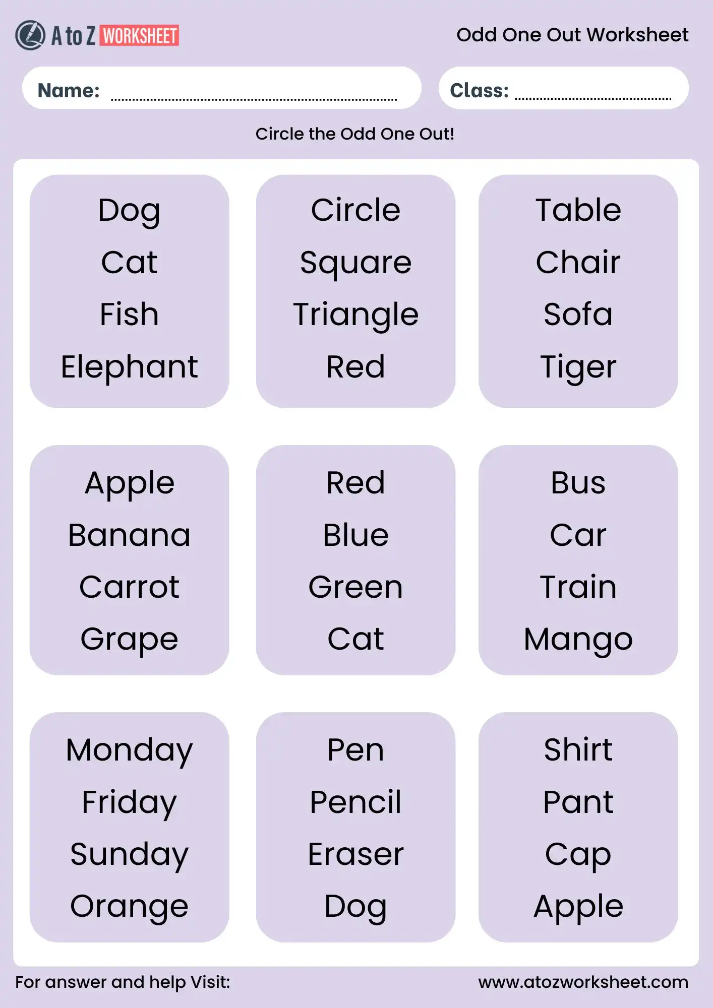 circle the odd one out worksheet with words for class 1 students