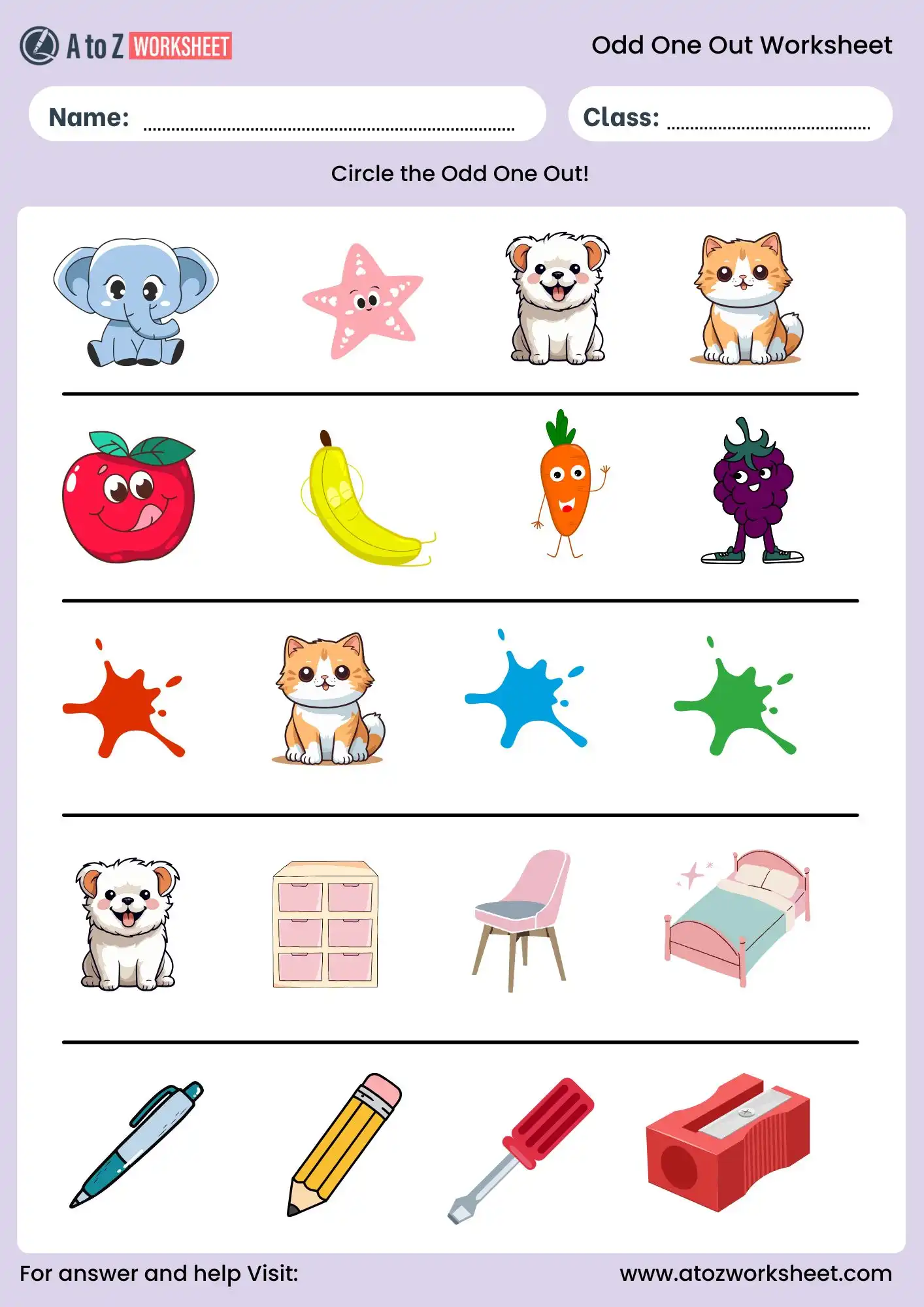 circle the odd one out worksheet with animals objects and fruits