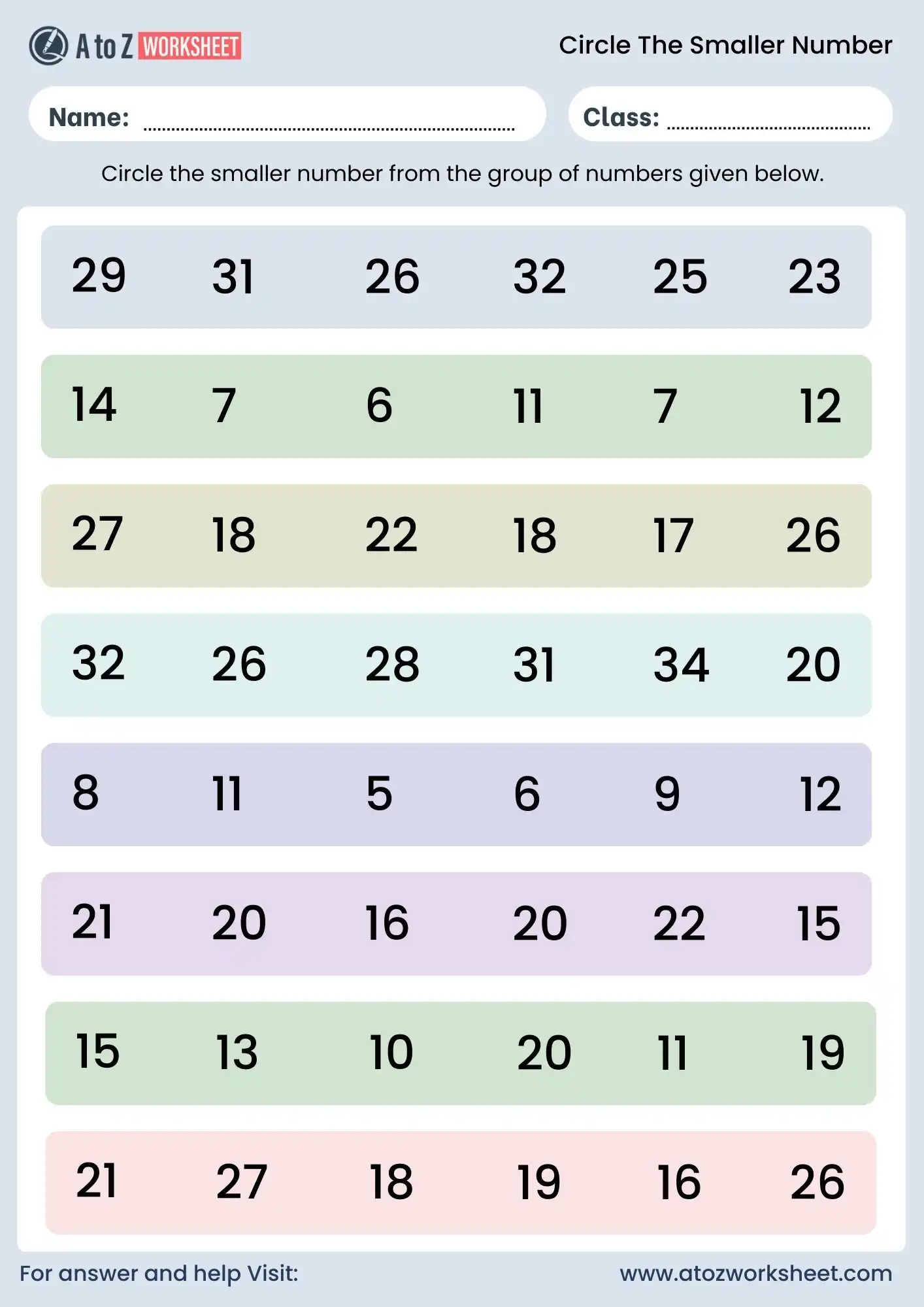 circle the smaller number worksheet with answers for class 2