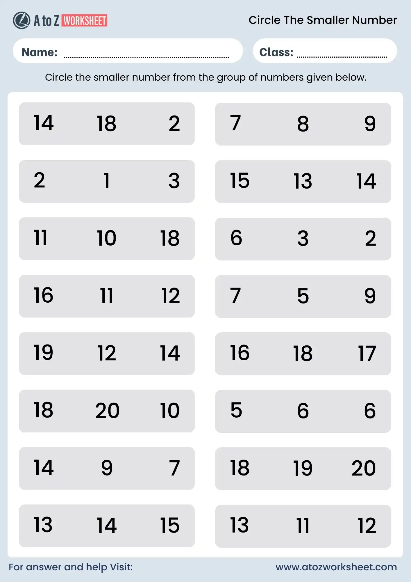 circle the smaller number worksheet with answers for class 3