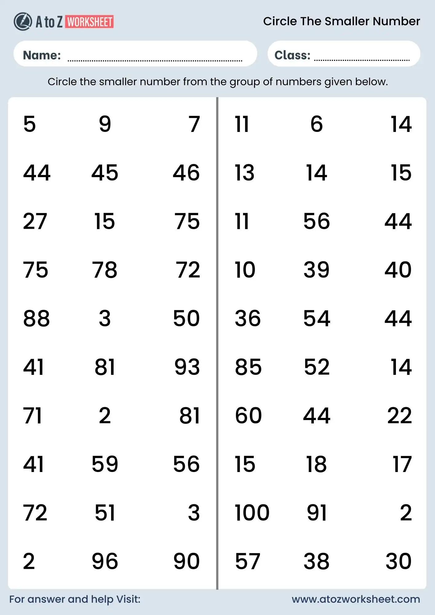 circle the smaller number worksheet with answers for class 4