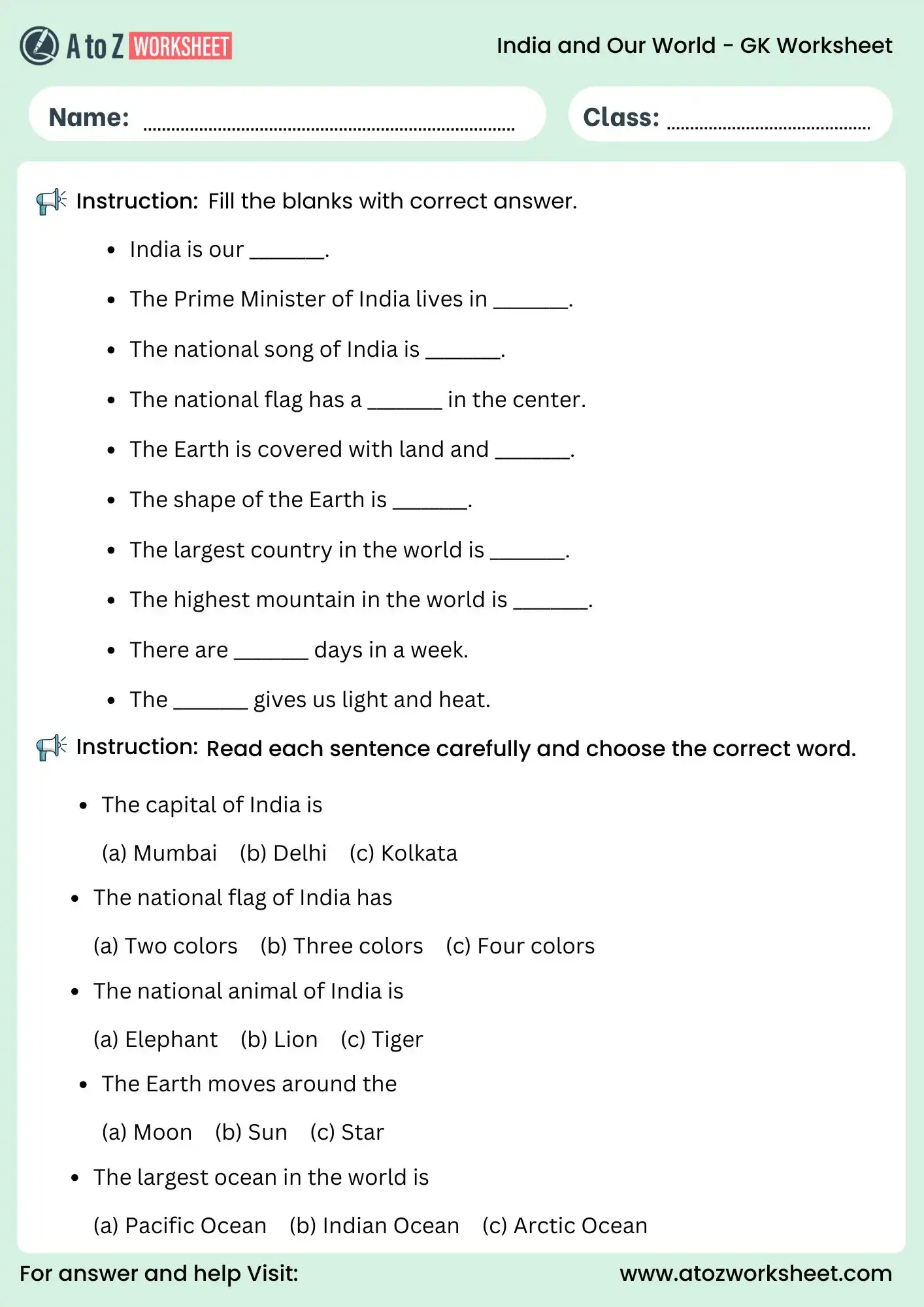 class 2 gk worksheets india and our world activity