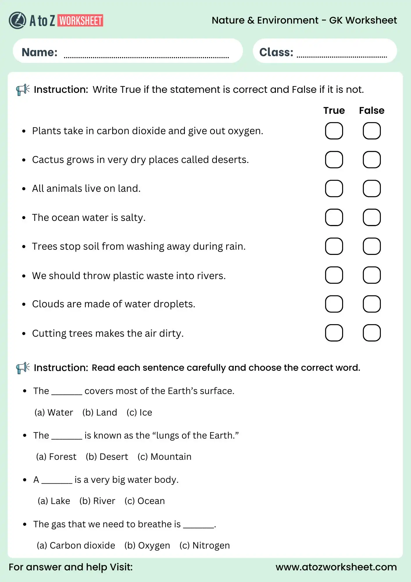 class 2 gk worksheets nature and environment activity