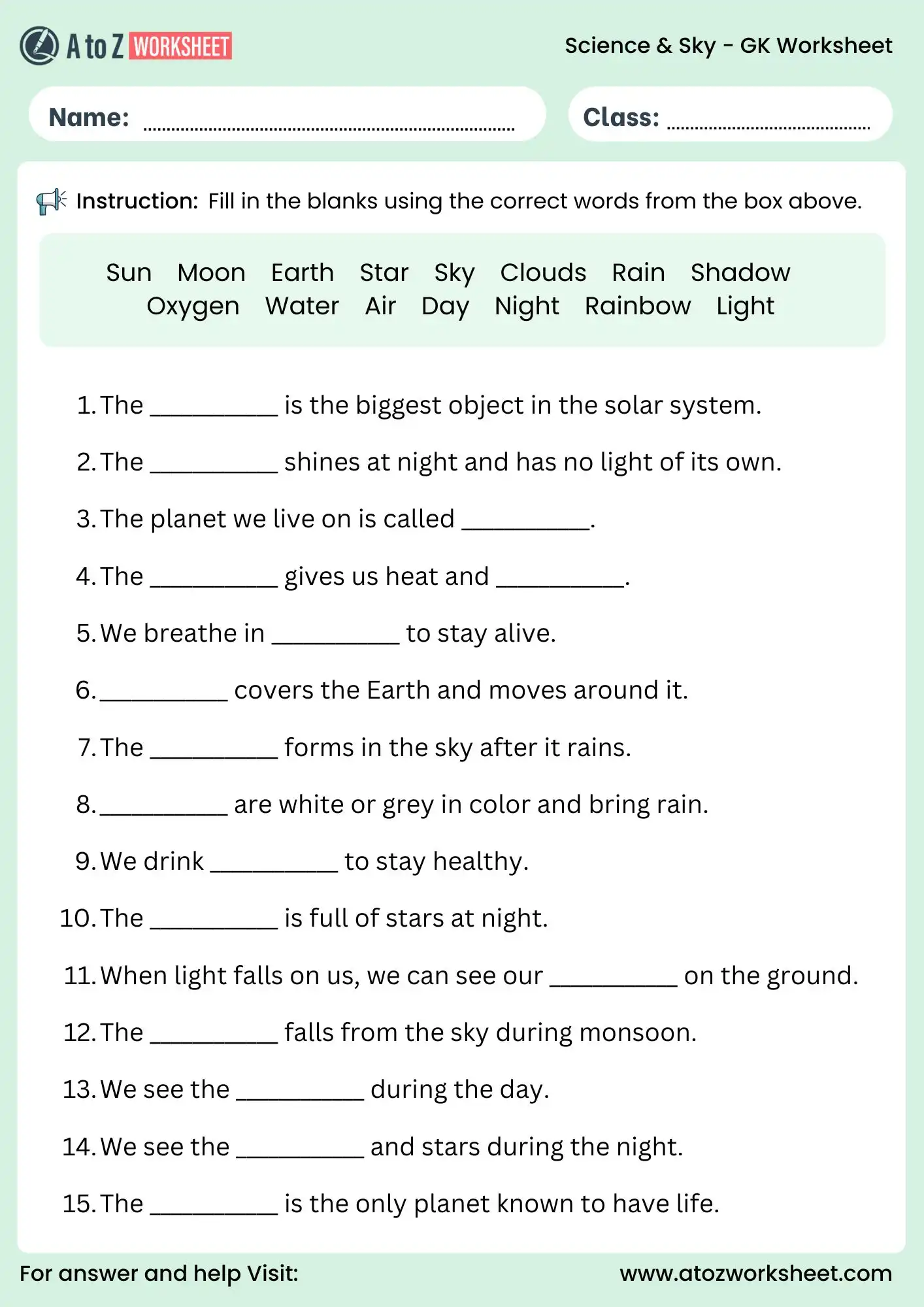 class 2 gk worksheets science and sky activity