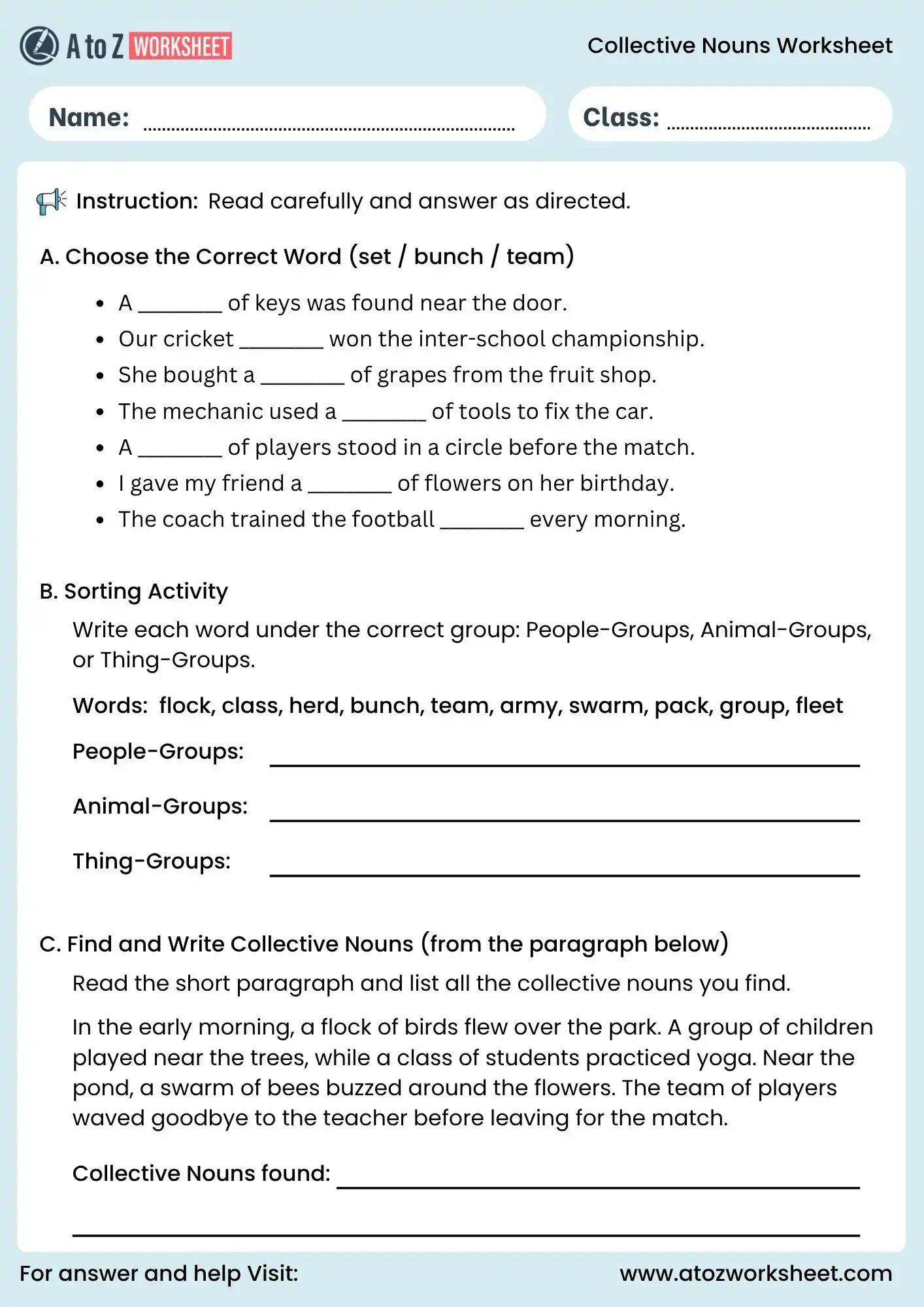 collective noun worksheet for class 3 and class 4 grammar activity with sorting