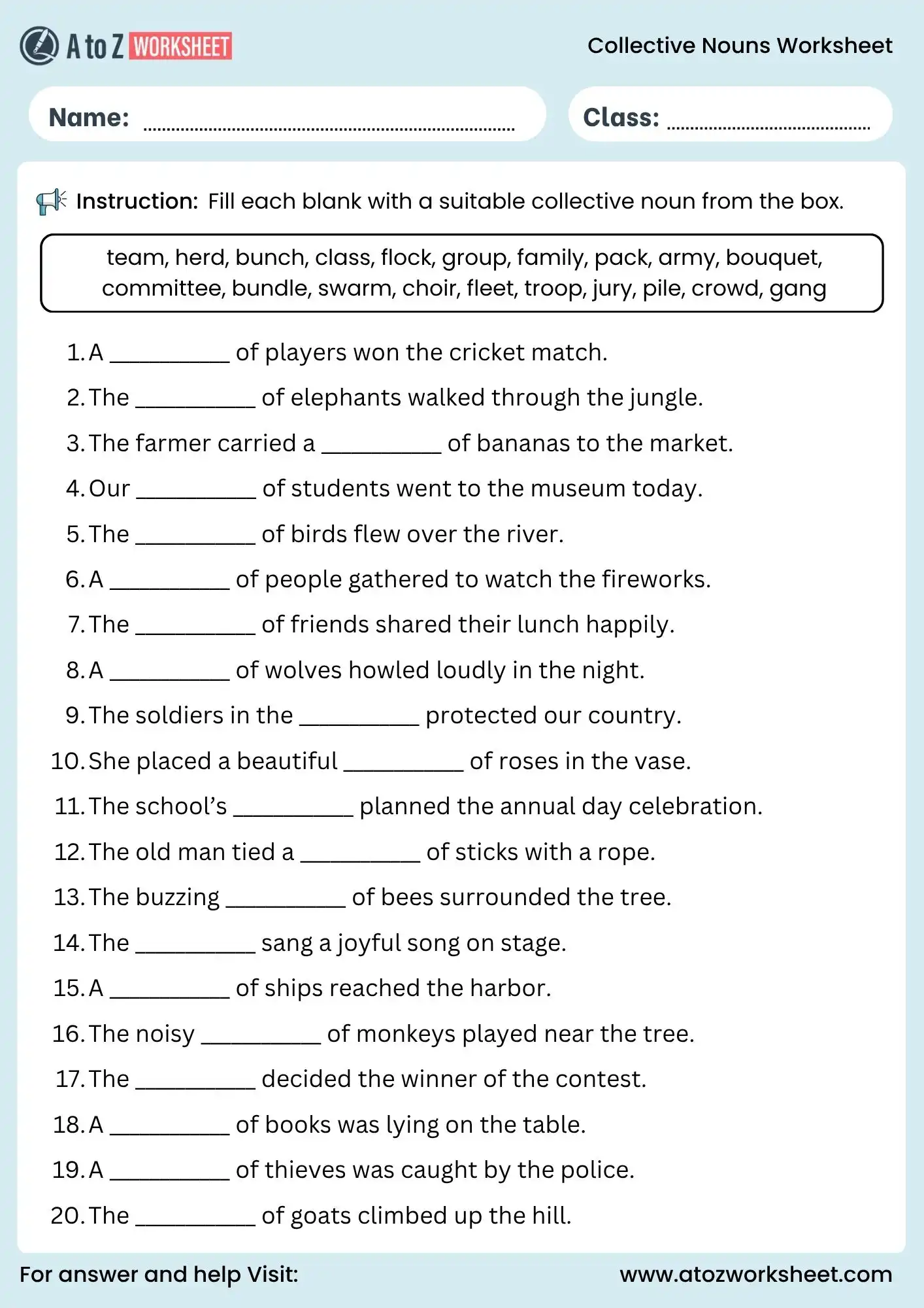 collective noun worksheet for class 3 and class 4 fill in the blanks activity