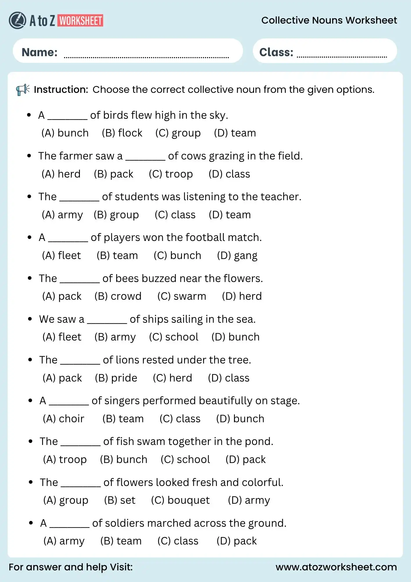 collective noun worksheet for class 3 and class 4 multiple choice questions