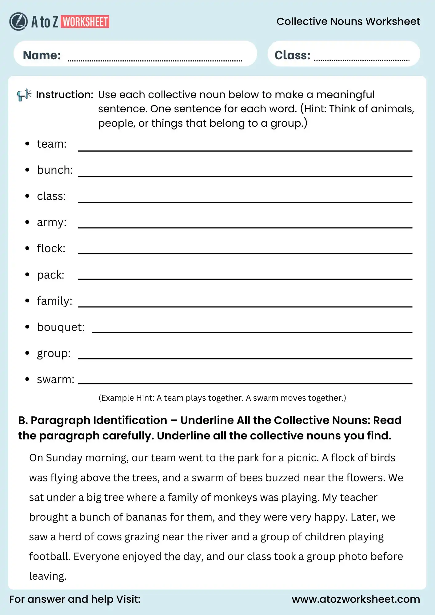 collective noun worksheet for class 3 and class 4 sentence making activity