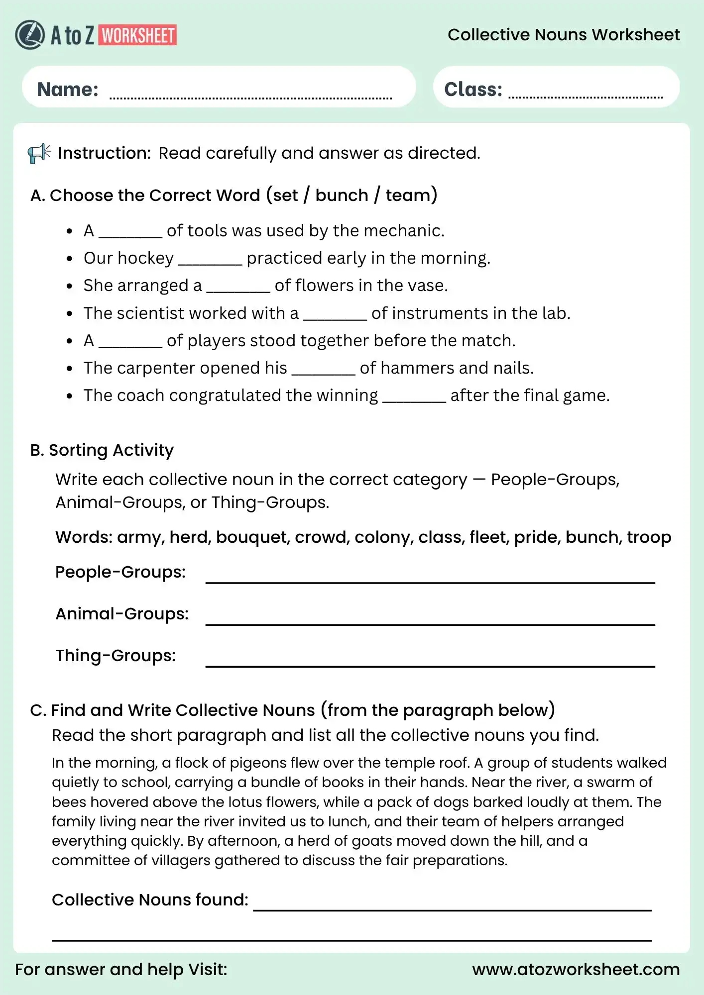 collective noun worksheets for class 5 fill in the blanks and sorting activity