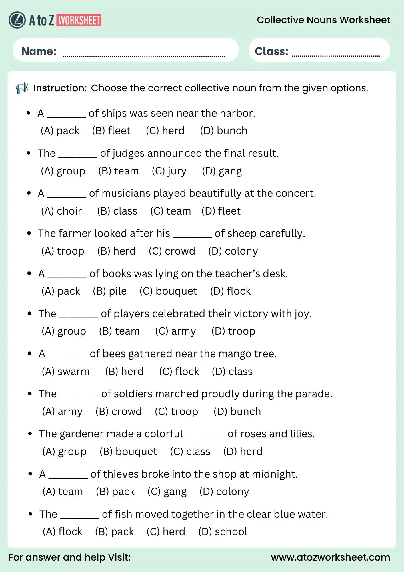 collective noun worksheets for class 5 multiple choice grammar activity