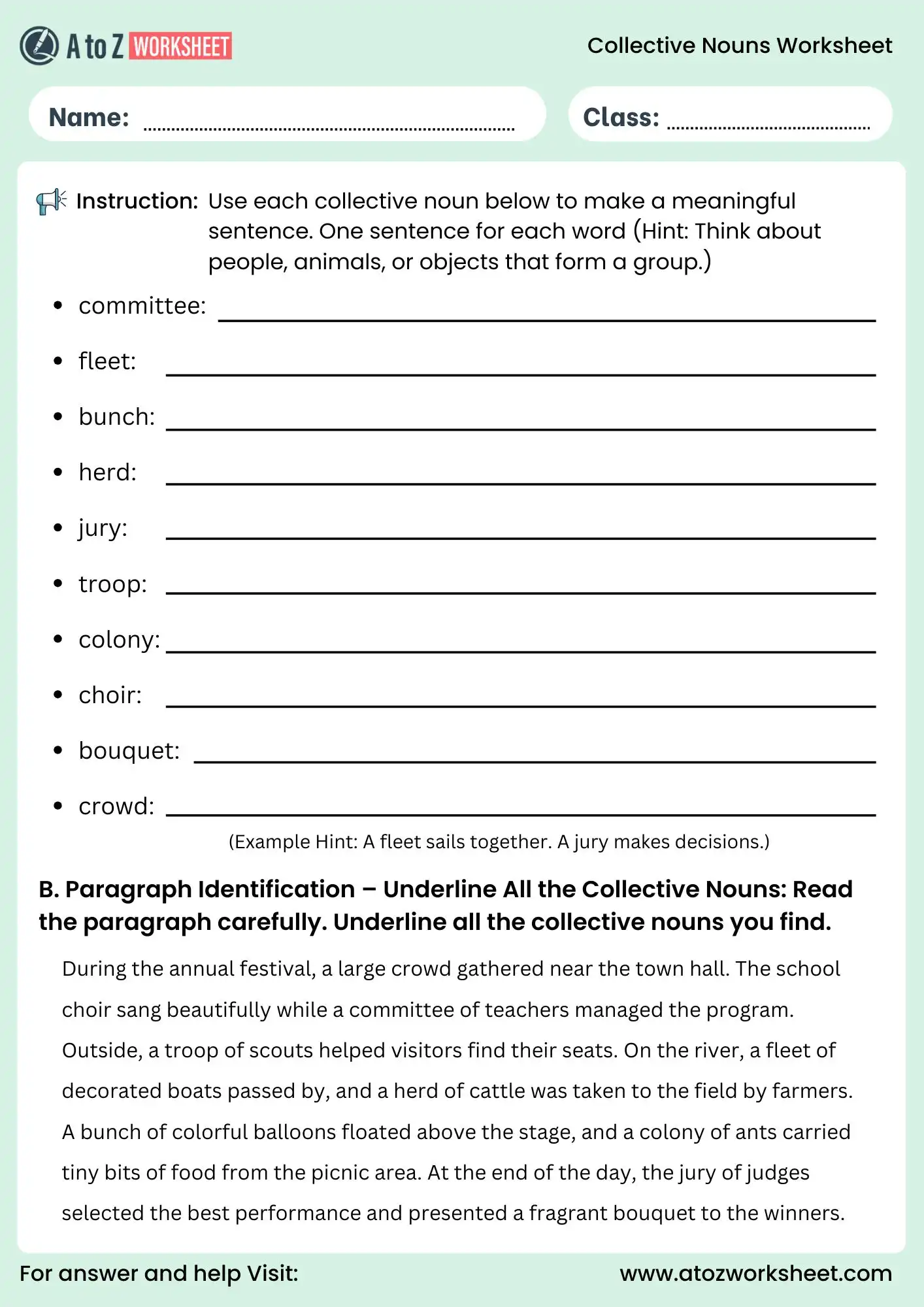 collective noun worksheets for class 5 sentence and paragraph activity