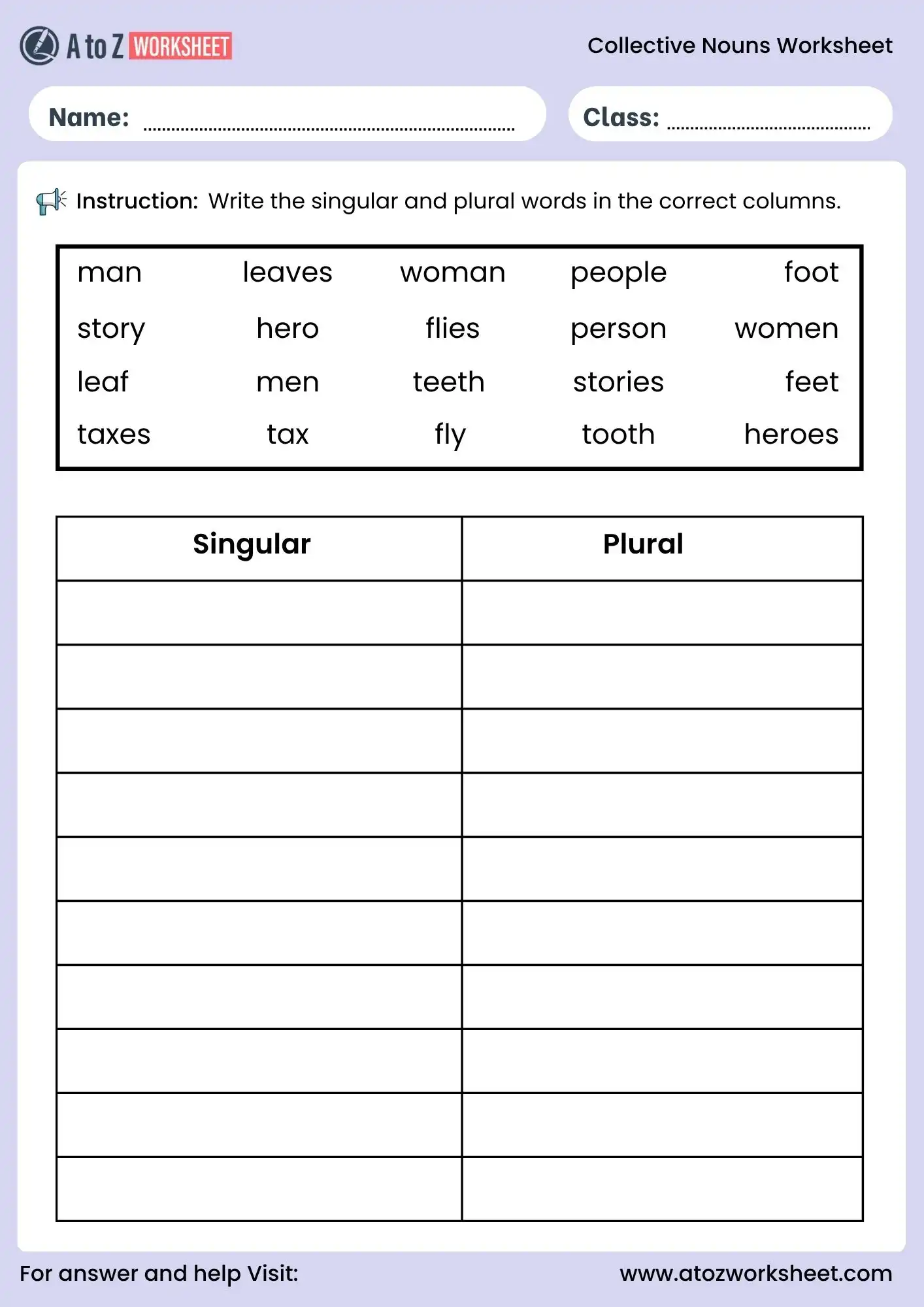 collective nouns worksheets with singular and plural form activity