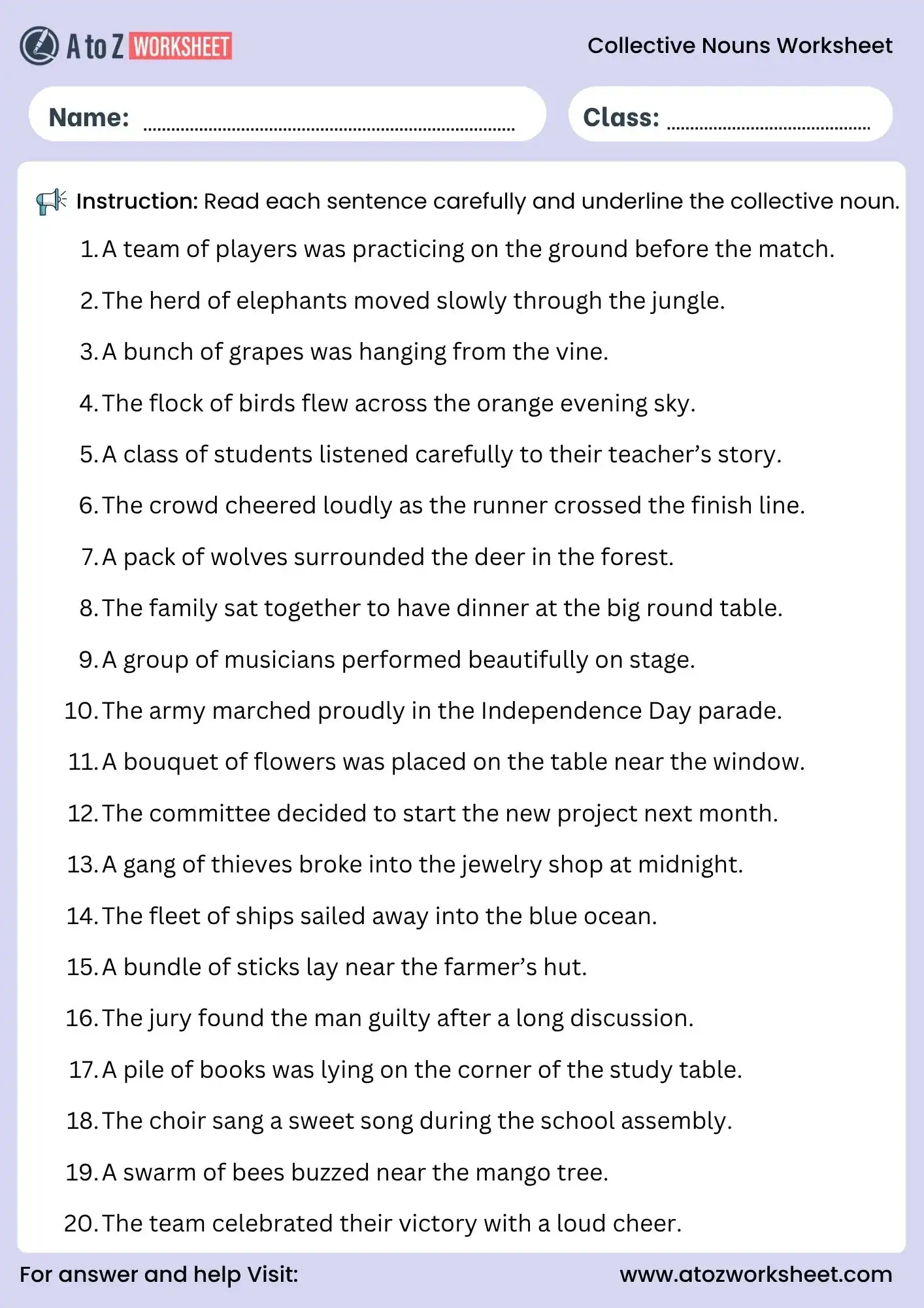 collective nouns worksheets underline collective nouns in sentences