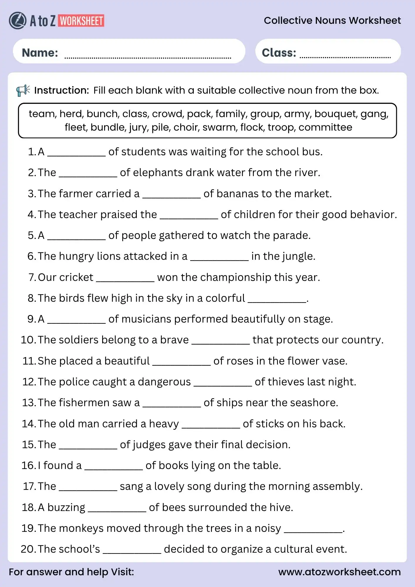 collective nouns worksheets fill in the blanks grammar exercise
