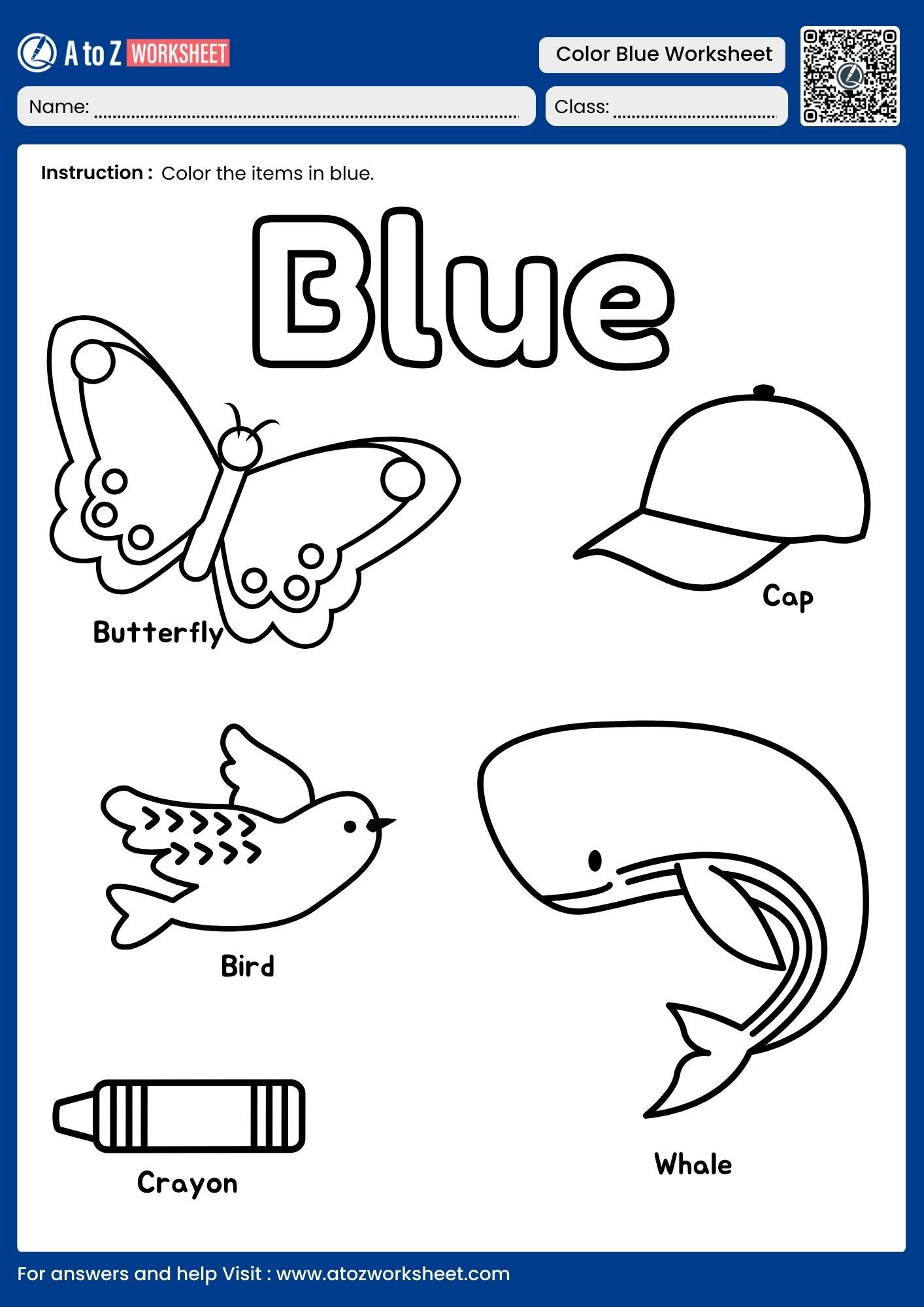 labeled blue objects coloring worksheet for vocabulary building